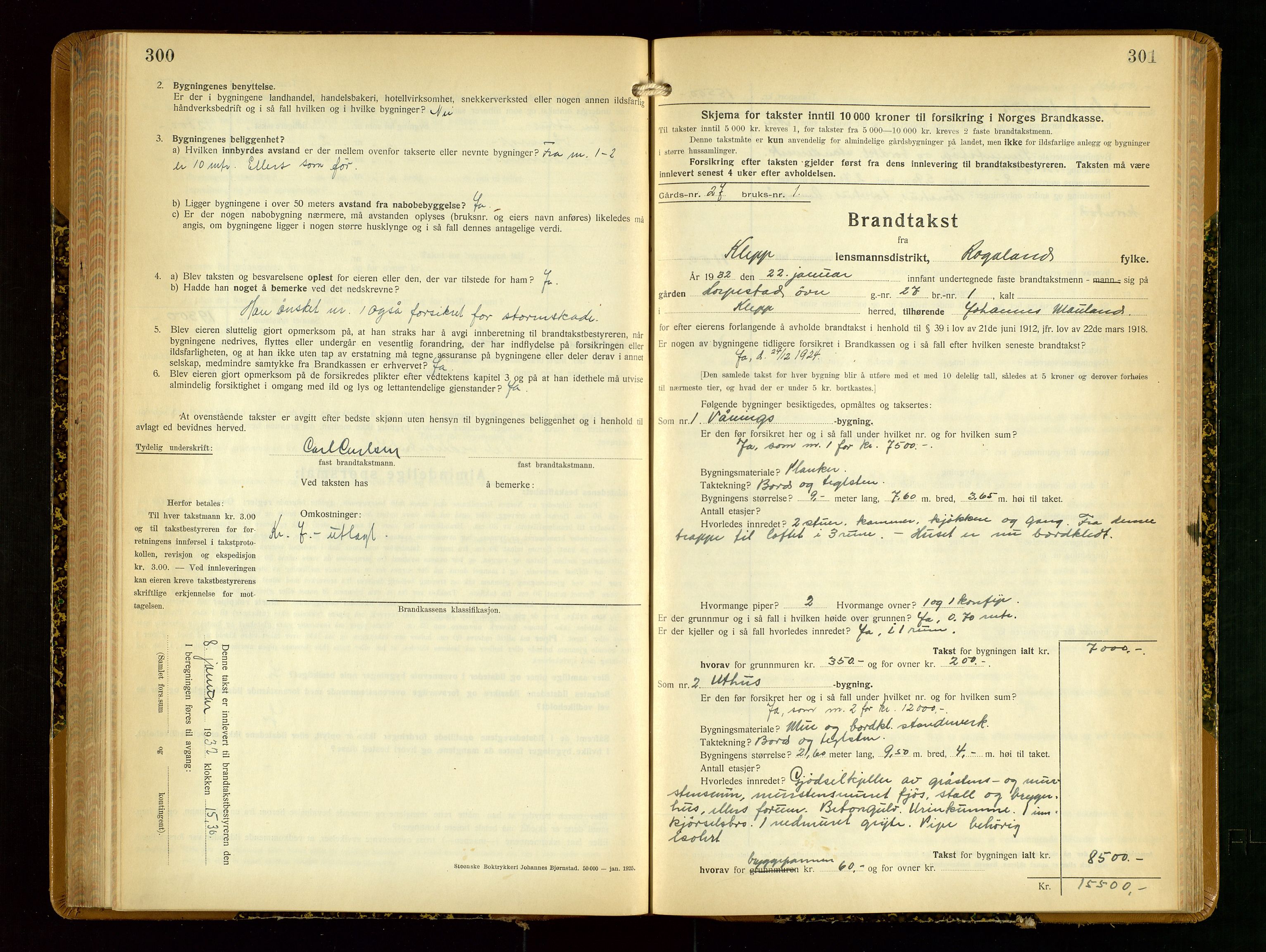 Klepp lensmannskontor, SAST/A-100163/Goc/L0012: "Brandtakstprotokoll" m/register, 1929-1933, p. 300-301