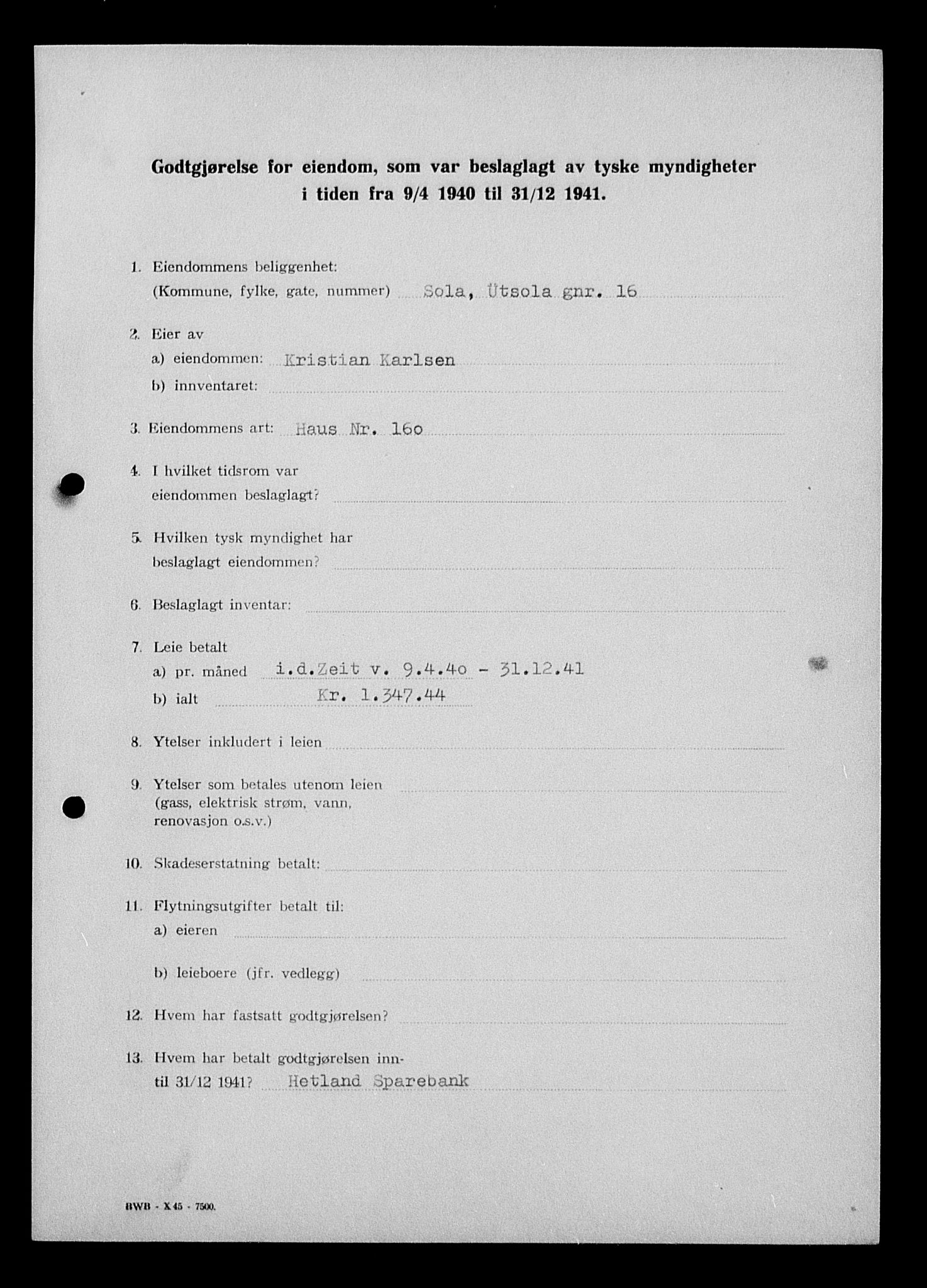 Justisdepartementet, Tilbakeføringskontoret for inndratte formuer, AV/RA-S-1564/I/L1014: Godtgjørelse for beslaglagt eiendom, 1940-1941, p. 412