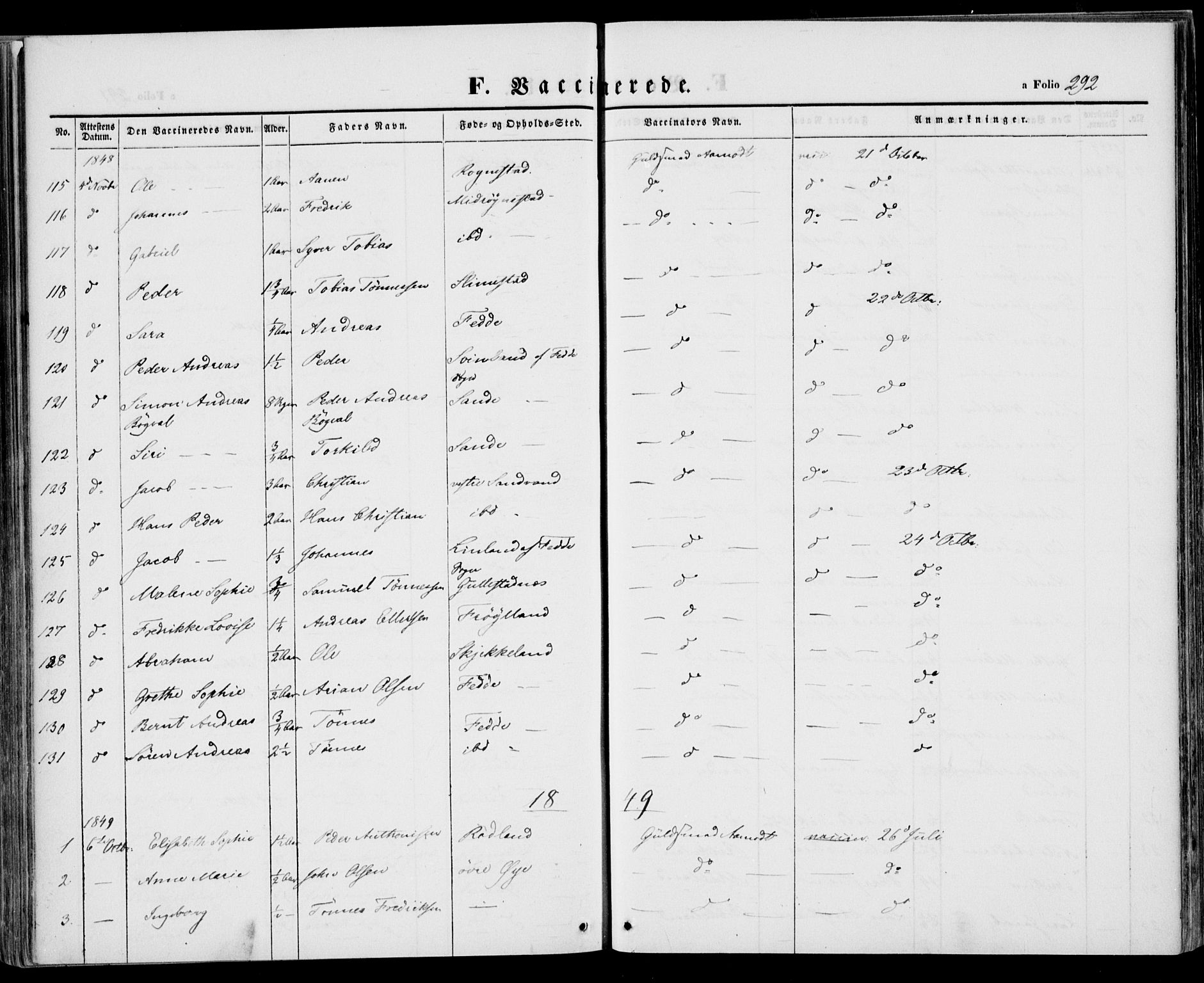 Kvinesdal sokneprestkontor, AV/SAK-1111-0026/F/Fa/Fab/L0005: Parish register (official) no. A 5, 1844-1857, p. 292