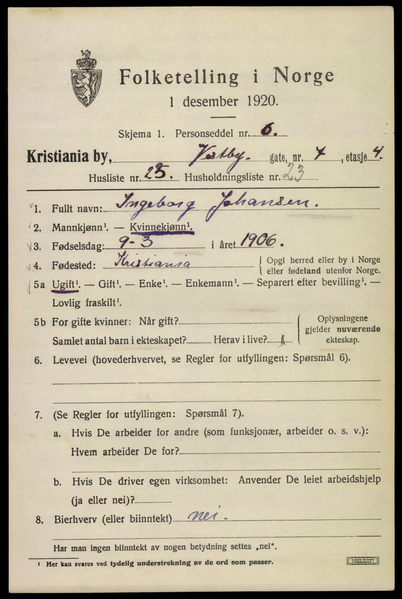 SAO, 1920 census for Kristiania, 1920, p. 631337