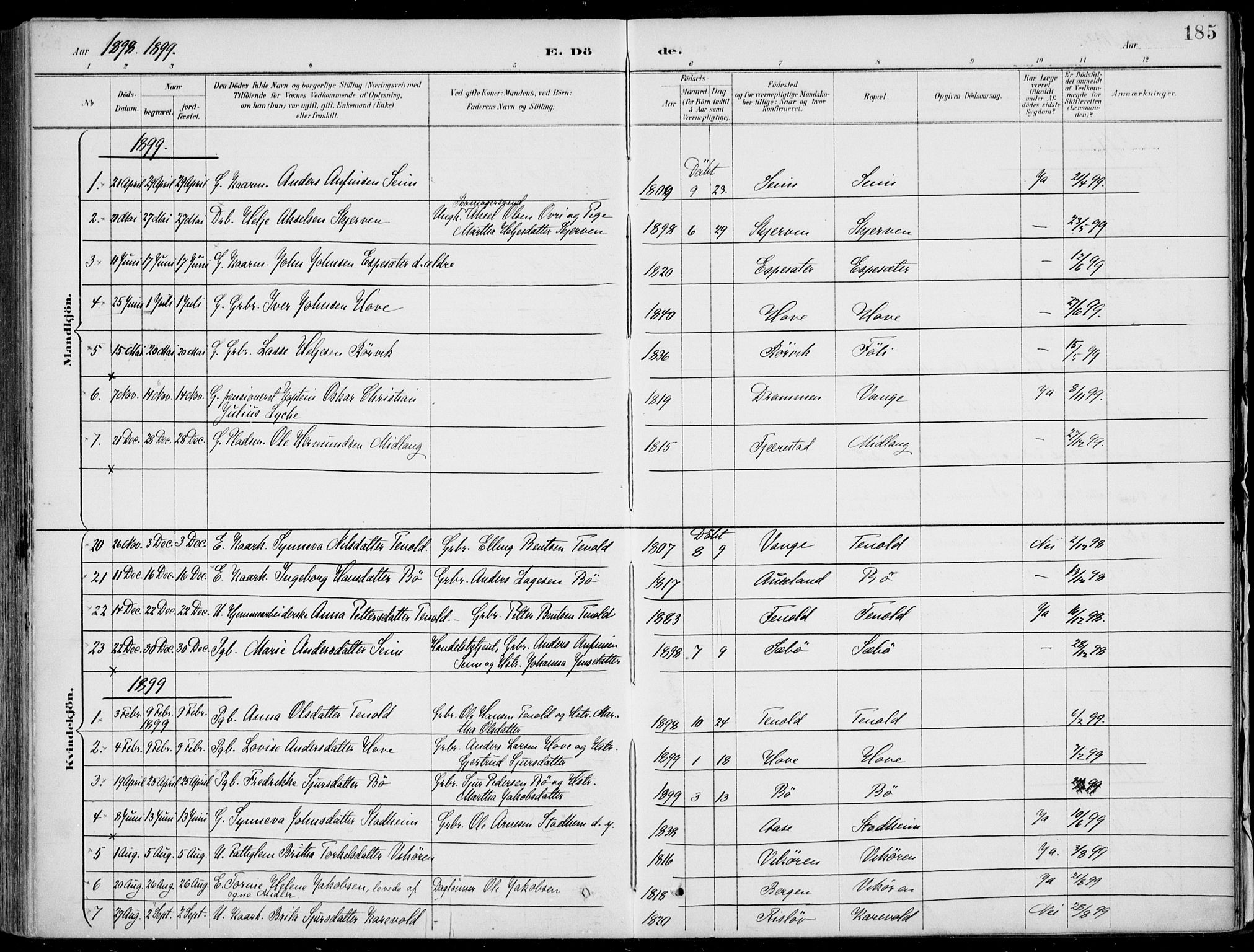 Vik sokneprestembete, AV/SAB-A-81501/H/Haa/Haab/L0002: Parish register (official) no. B  2, 1891-1907, p. 185