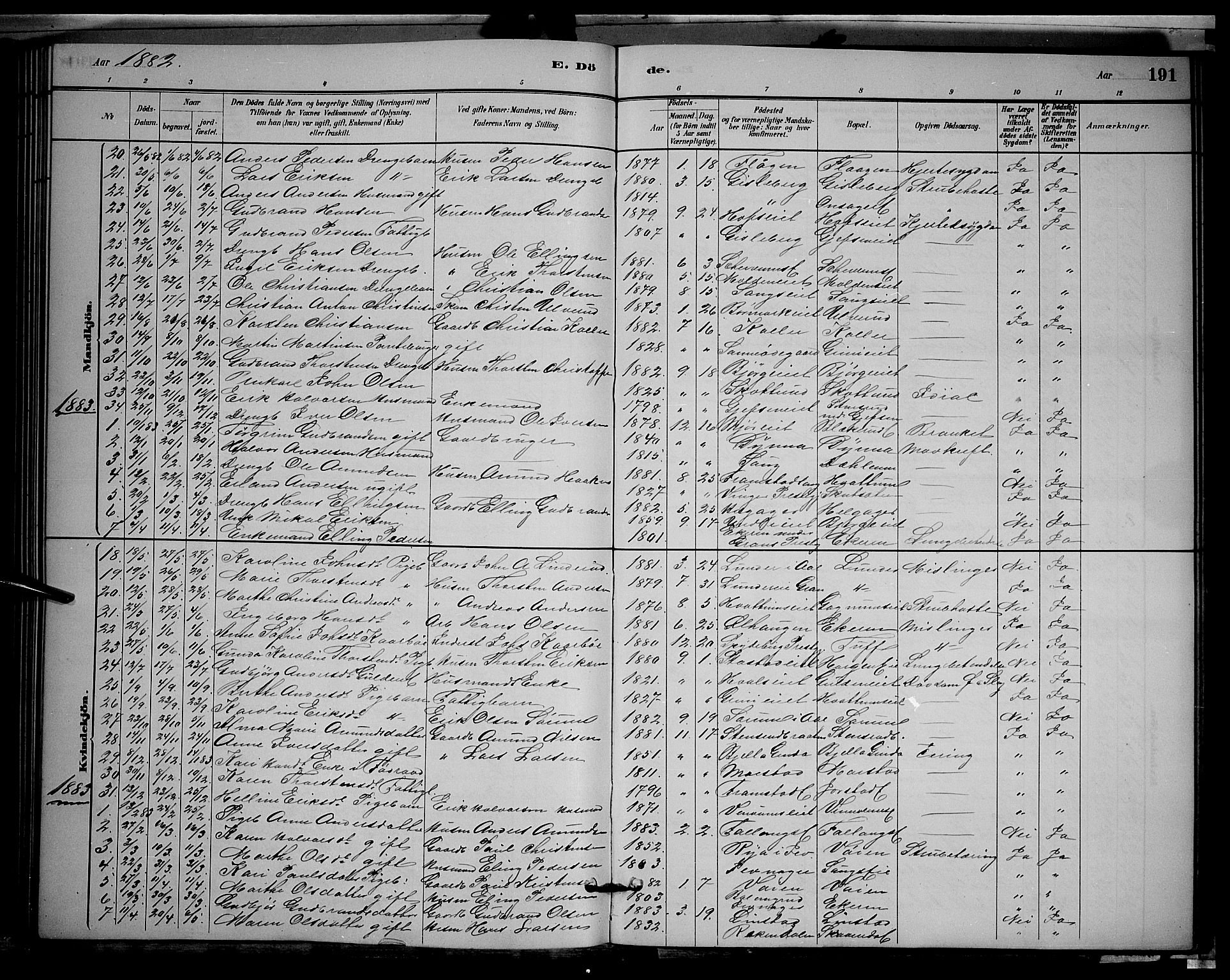 Gran prestekontor, SAH/PREST-112/H/Ha/Hab/L0002: Parish register (copy) no. 2, 1879-1892, p. 191