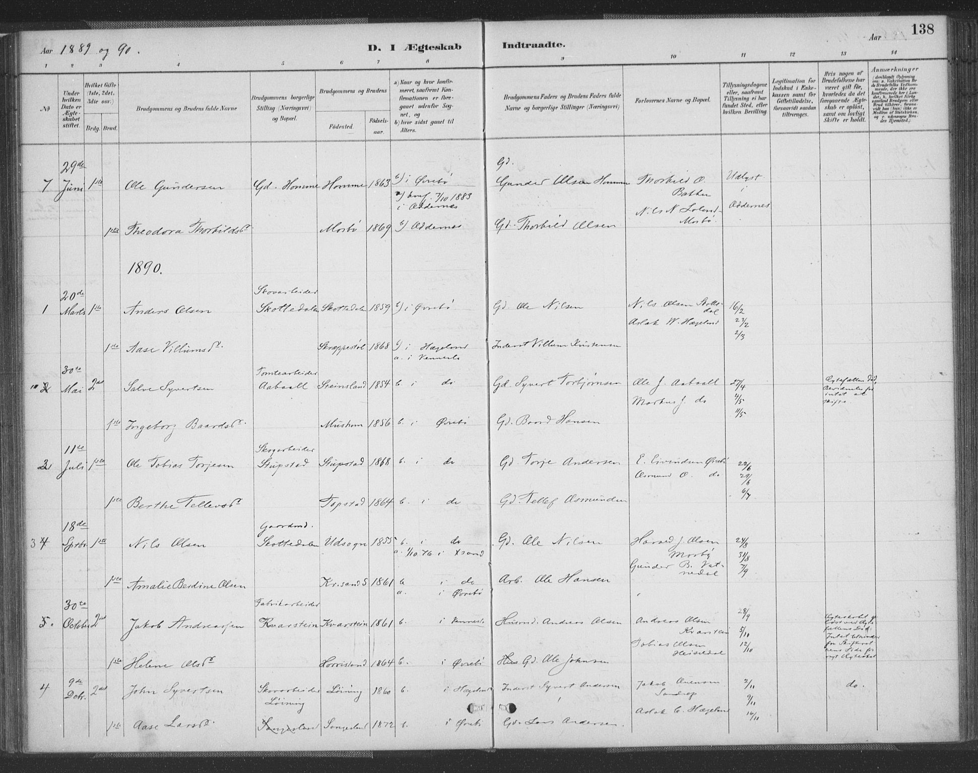 Vennesla sokneprestkontor, AV/SAK-1111-0045/Fa/Fac/L0009: Parish register (official) no. A 9, 1884-1901, p. 138