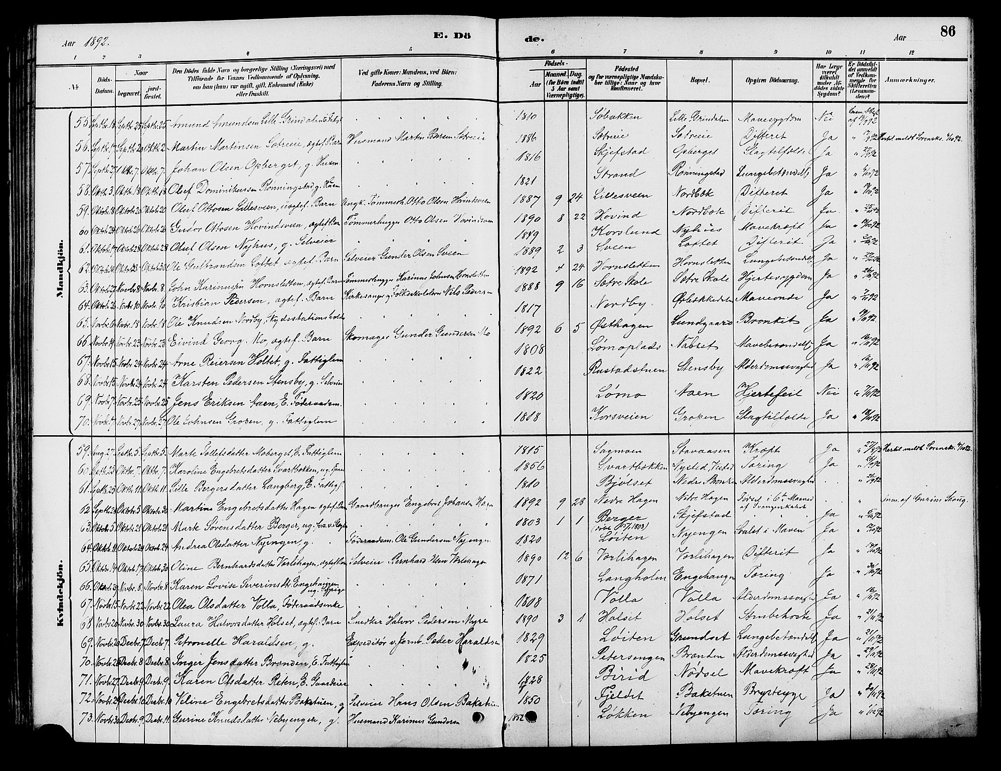 Elverum prestekontor, AV/SAH-PREST-044/H/Ha/Haa/L0012: Parish register (official) no. 12, 1880-1893, p. 86