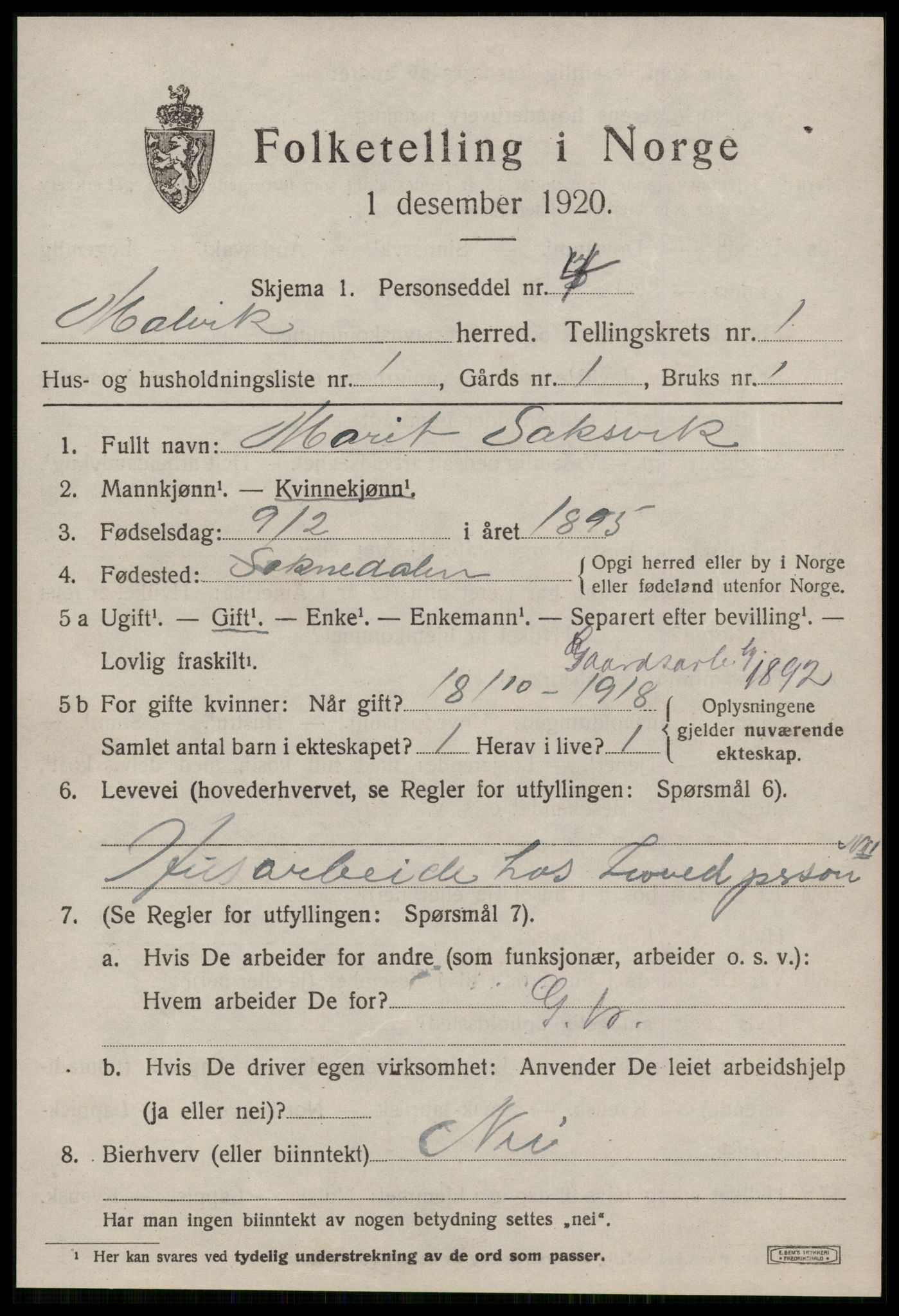 SAT, 1920 census for Malvik, 1920, p. 1196