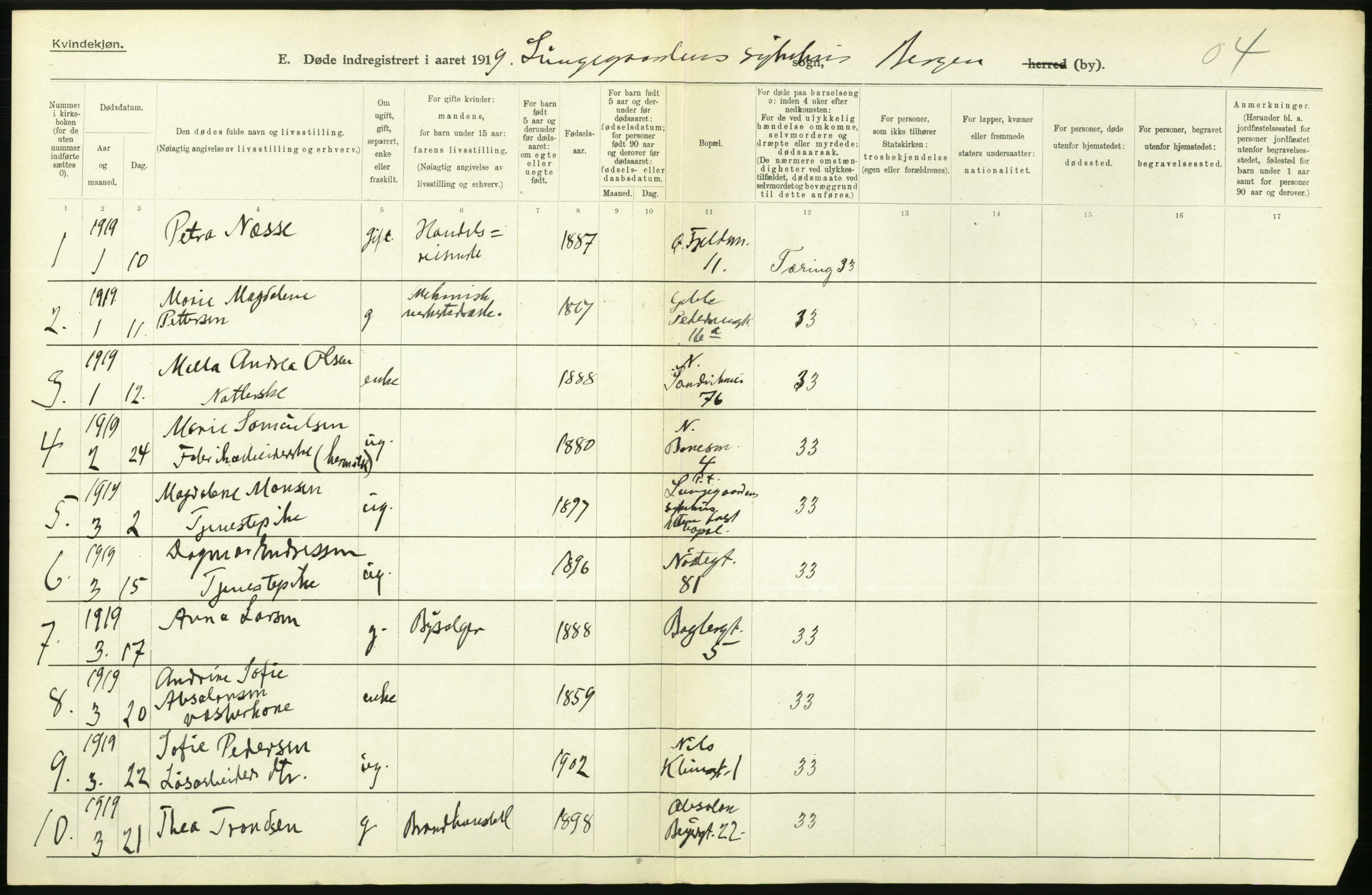 Statistisk sentralbyrå, Sosiodemografiske emner, Befolkning, RA/S-2228/D/Df/Dfb/Dfbi/L0035: Bergen: Gifte, døde, dødfødte., 1919, p. 418