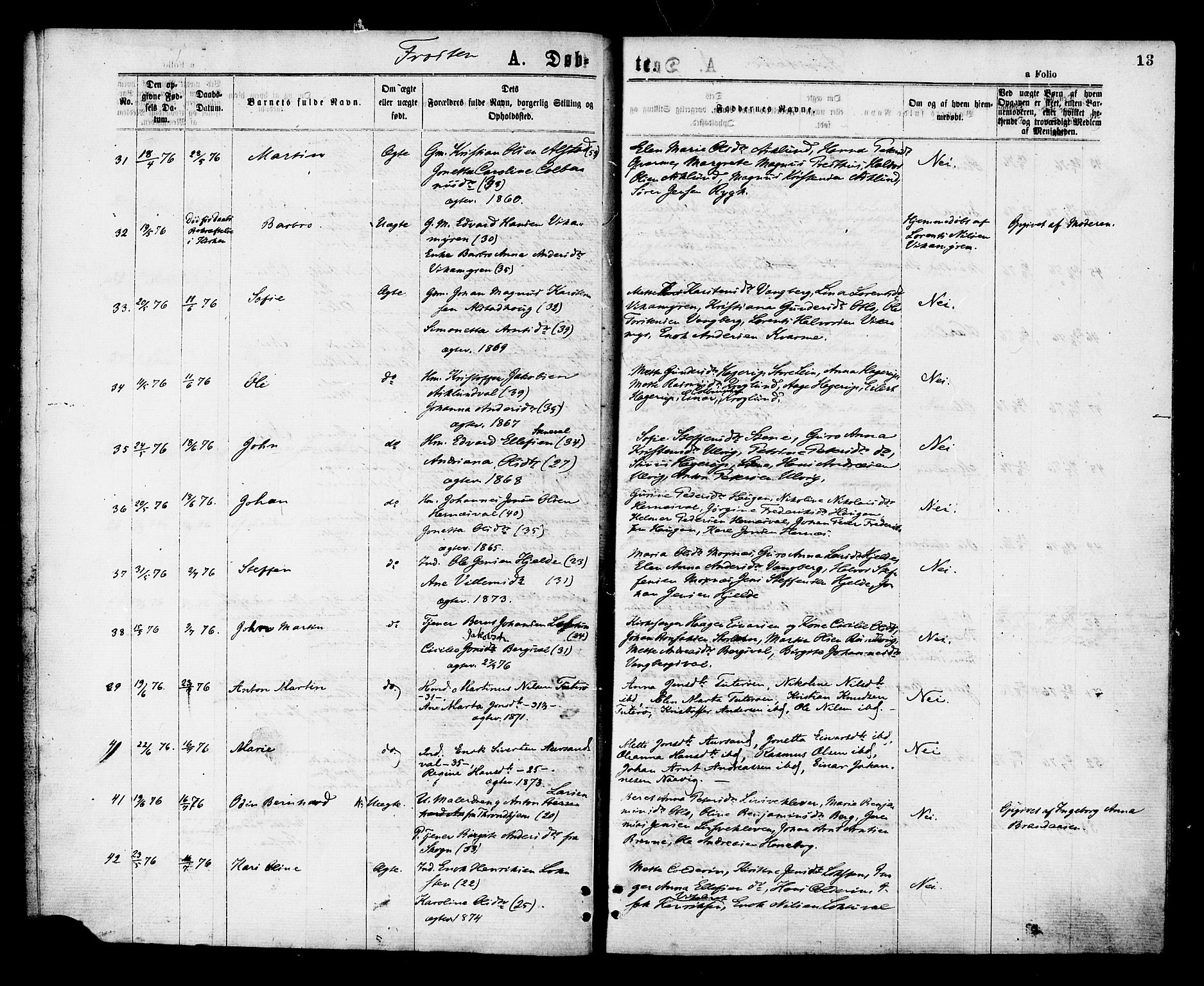 Ministerialprotokoller, klokkerbøker og fødselsregistre - Nord-Trøndelag, SAT/A-1458/713/L0118: Parish register (official) no. 713A08 /1, 1875-1877, p. 13