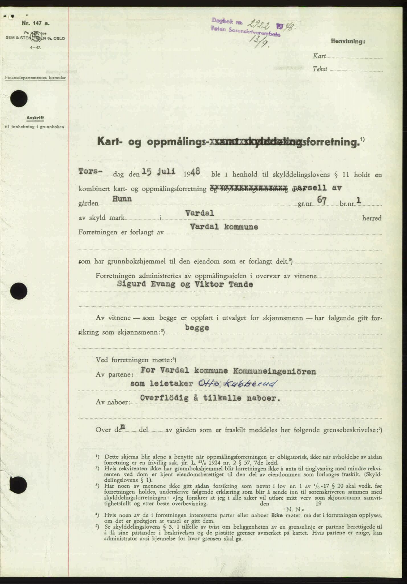 Toten tingrett, SAH/TING-006/H/Hb/Hbc/L0020: Mortgage book no. Hbc-20, 1948-1948, Diary no: : 2922/1948