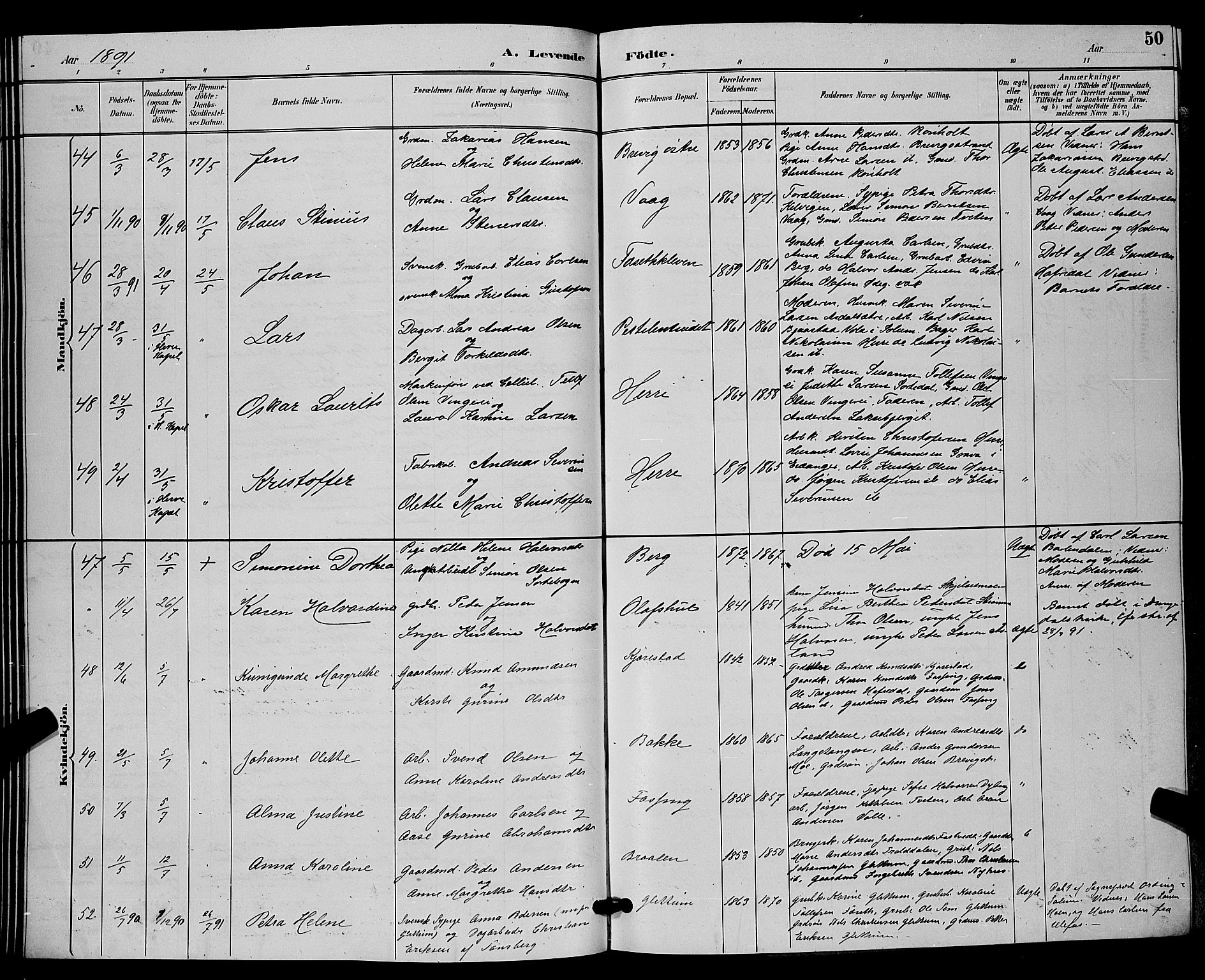 Bamble kirkebøker, SAKO/A-253/G/Ga/L0009: Parish register (copy) no. I 9, 1888-1900, p. 50