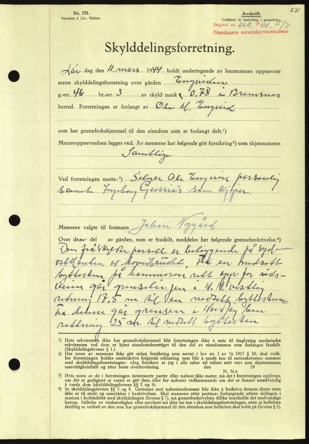 Nordmøre sorenskriveri, AV/SAT-A-4132/1/2/2Ca: Mortgage book no. A97, 1944-1944, Diary no: : 462/1944