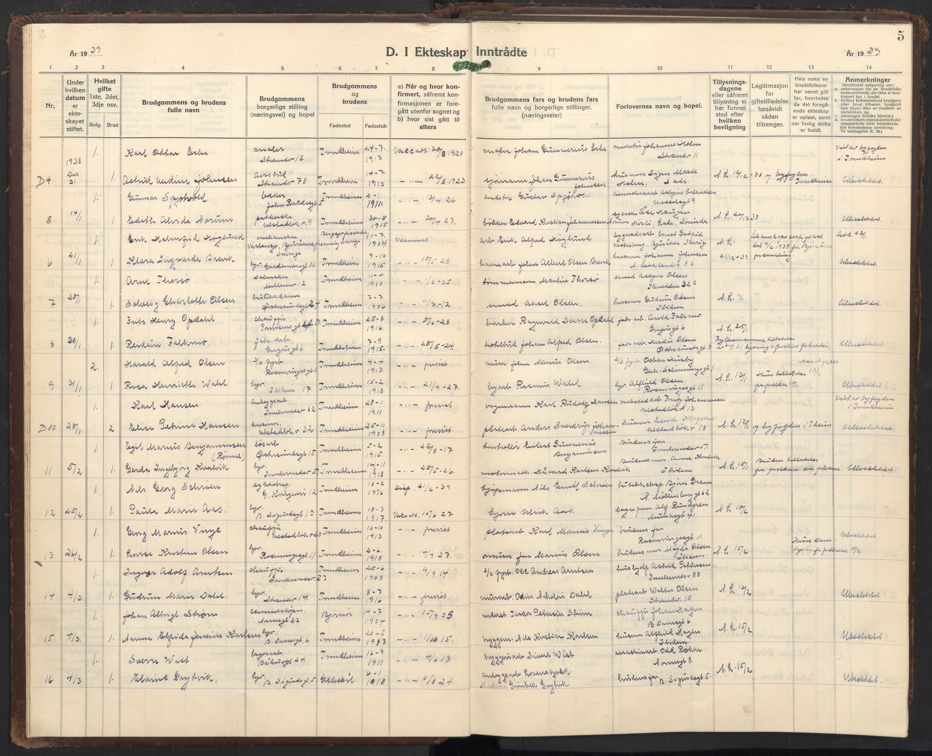 Ministerialprotokoller, klokkerbøker og fødselsregistre - Sør-Trøndelag, SAT/A-1456/605/L0263: Parish register (copy) no. 605C10, 1938-1949, p. 5