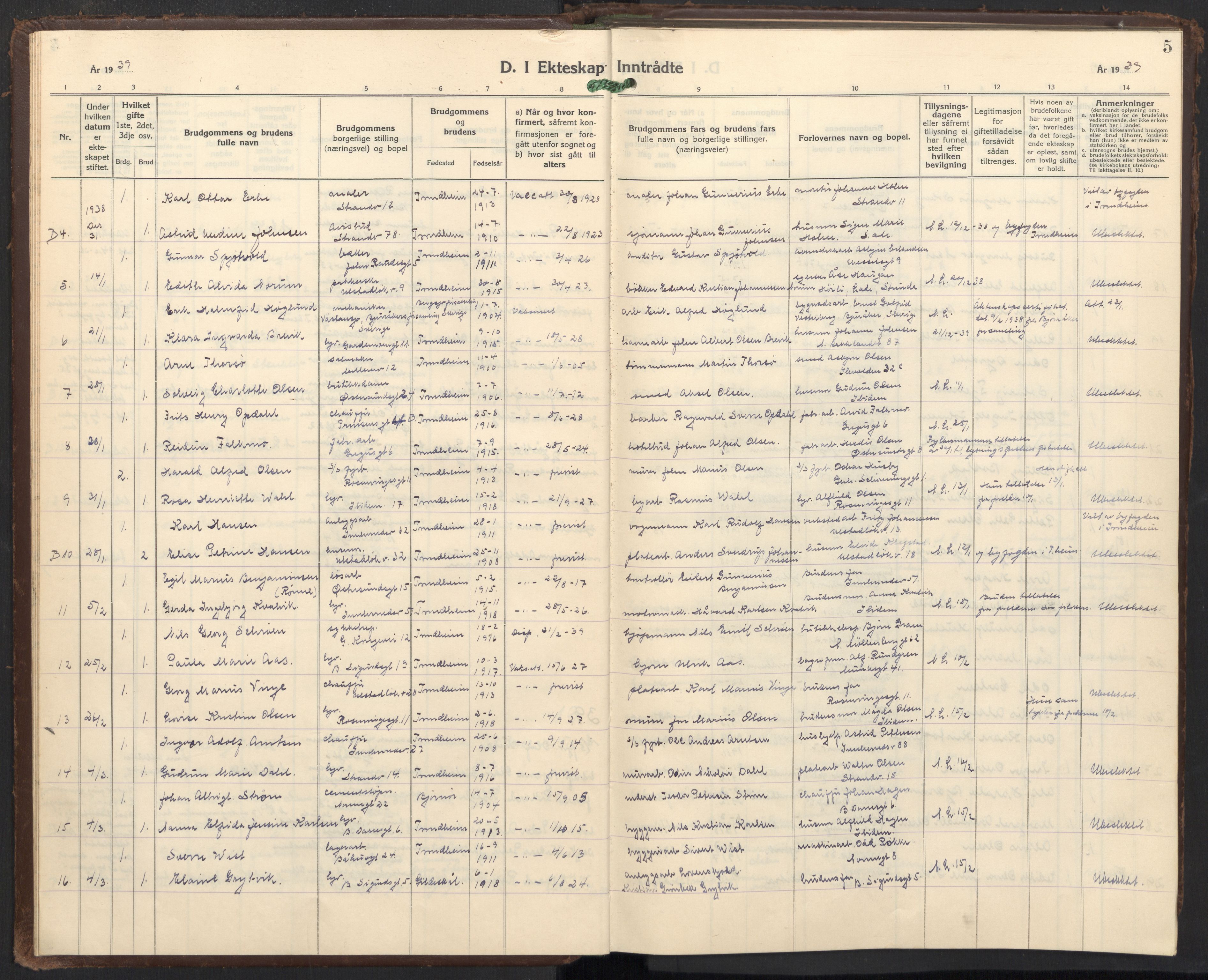 Ministerialprotokoller, klokkerbøker og fødselsregistre - Sør-Trøndelag, AV/SAT-A-1456/605/L0263: Parish register (copy) no. 605C10, 1938-1949, p. 5