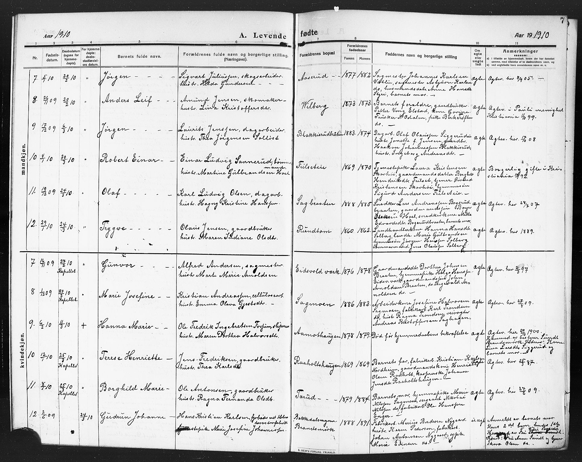 Eidsvoll prestekontor Kirkebøker, SAO/A-10888/G/Ga/L0008: Parish register (copy) no. I 8, 1909-1918, p. 7