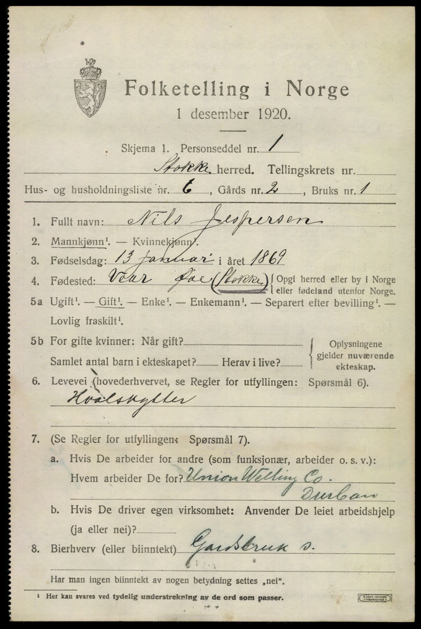 SAKO, 1920 census for Stokke, 1920, p. 2082