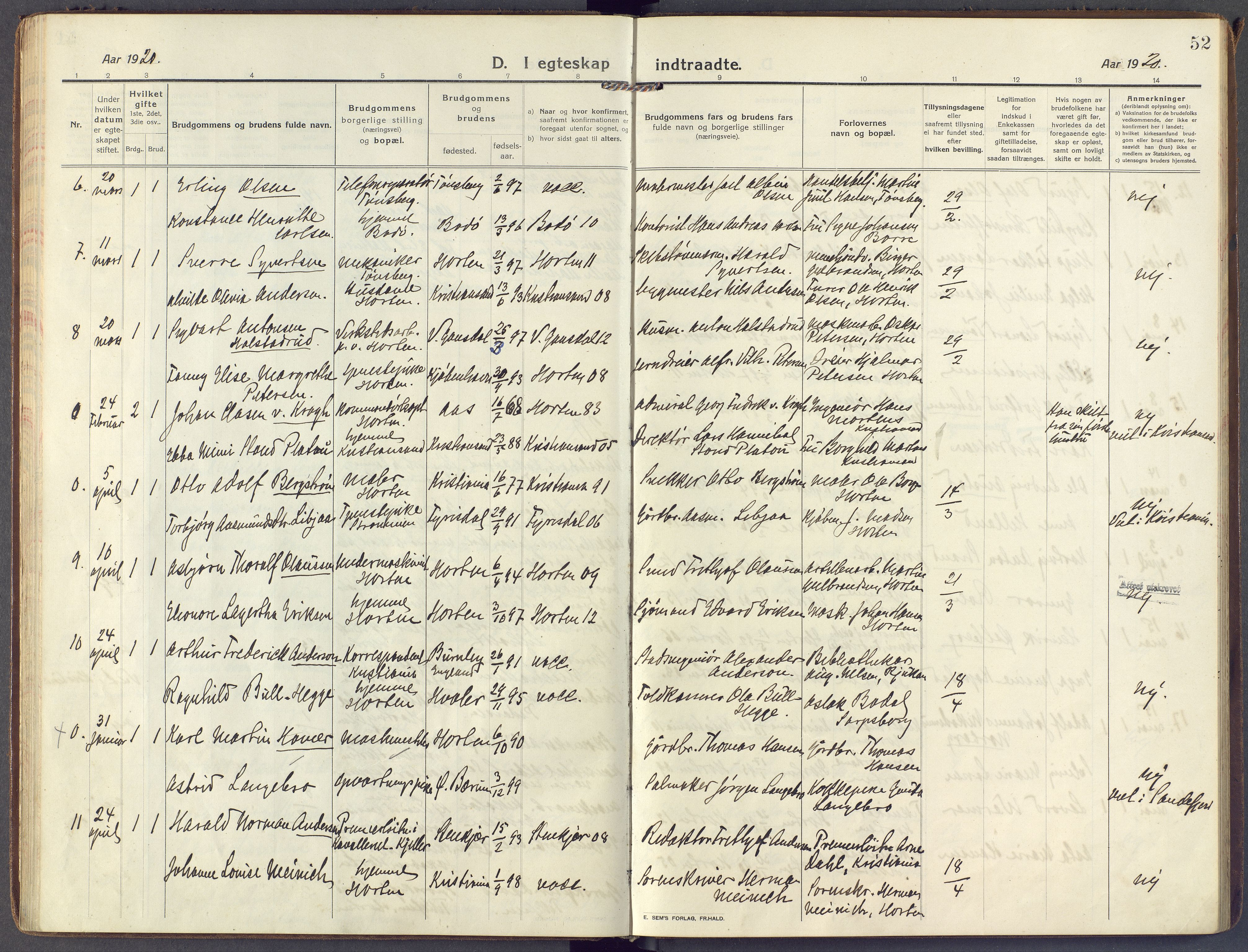 Horten kirkebøker, AV/SAKO-A-348/F/Fa/L0008: Parish register (official) no. 8, 1913-1924, p. 52