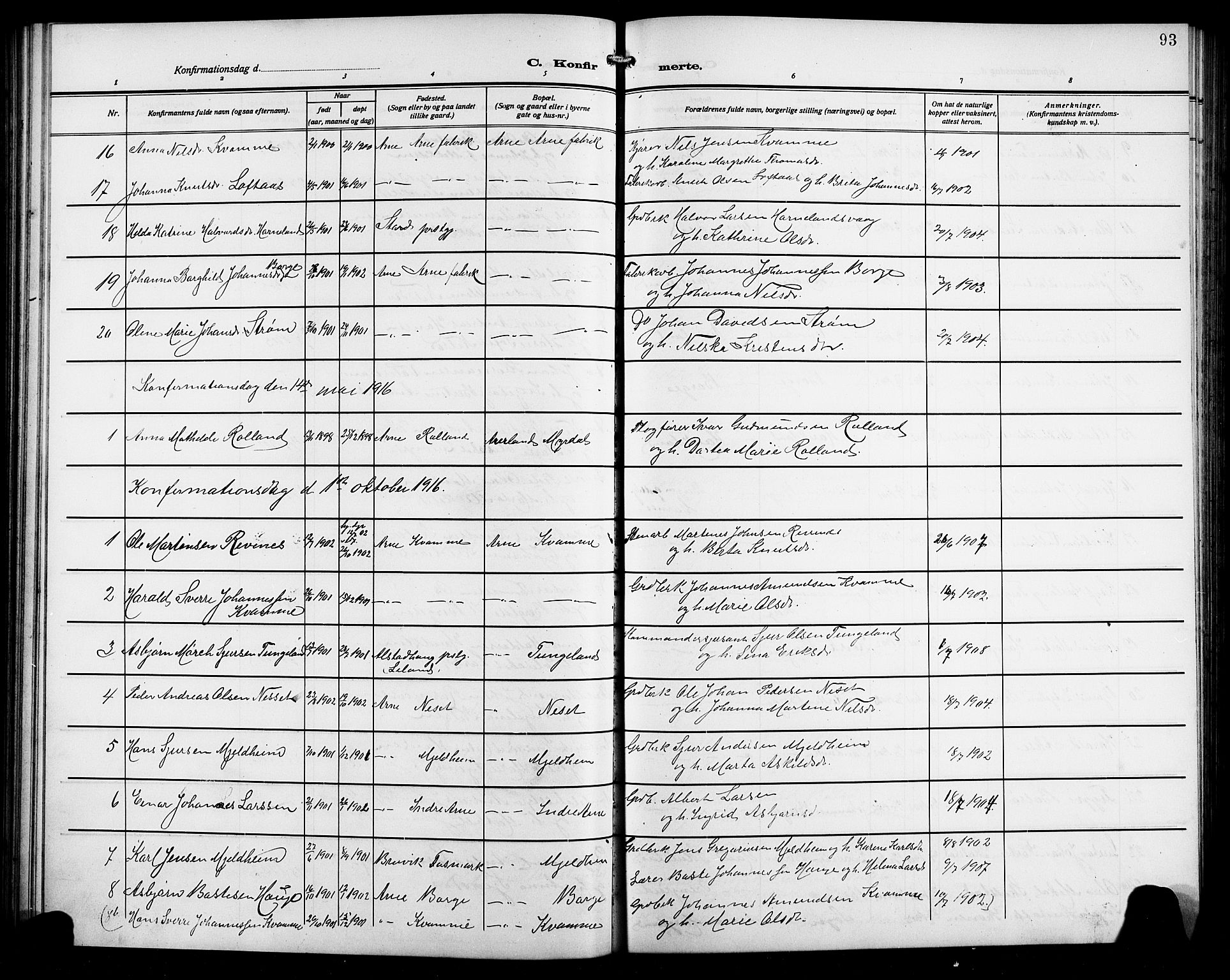 Arna Sokneprestembete, SAB/A-74001/H/Ha/Hab: Parish register (copy) no. A 5, 1911-1921, p. 93