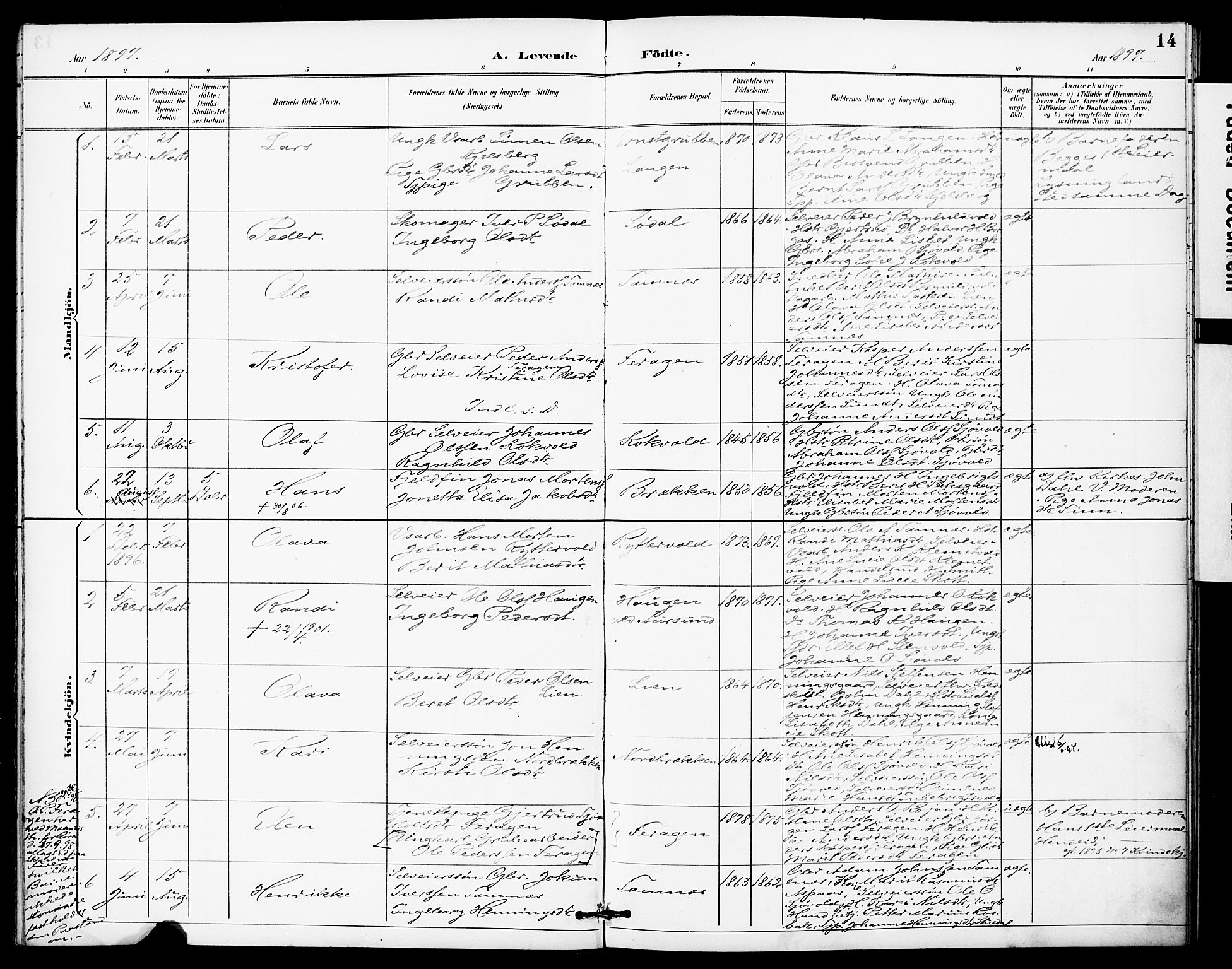 Ministerialprotokoller, klokkerbøker og fødselsregistre - Sør-Trøndelag, SAT/A-1456/683/L0948: Parish register (official) no. 683A01, 1891-1902, p. 14