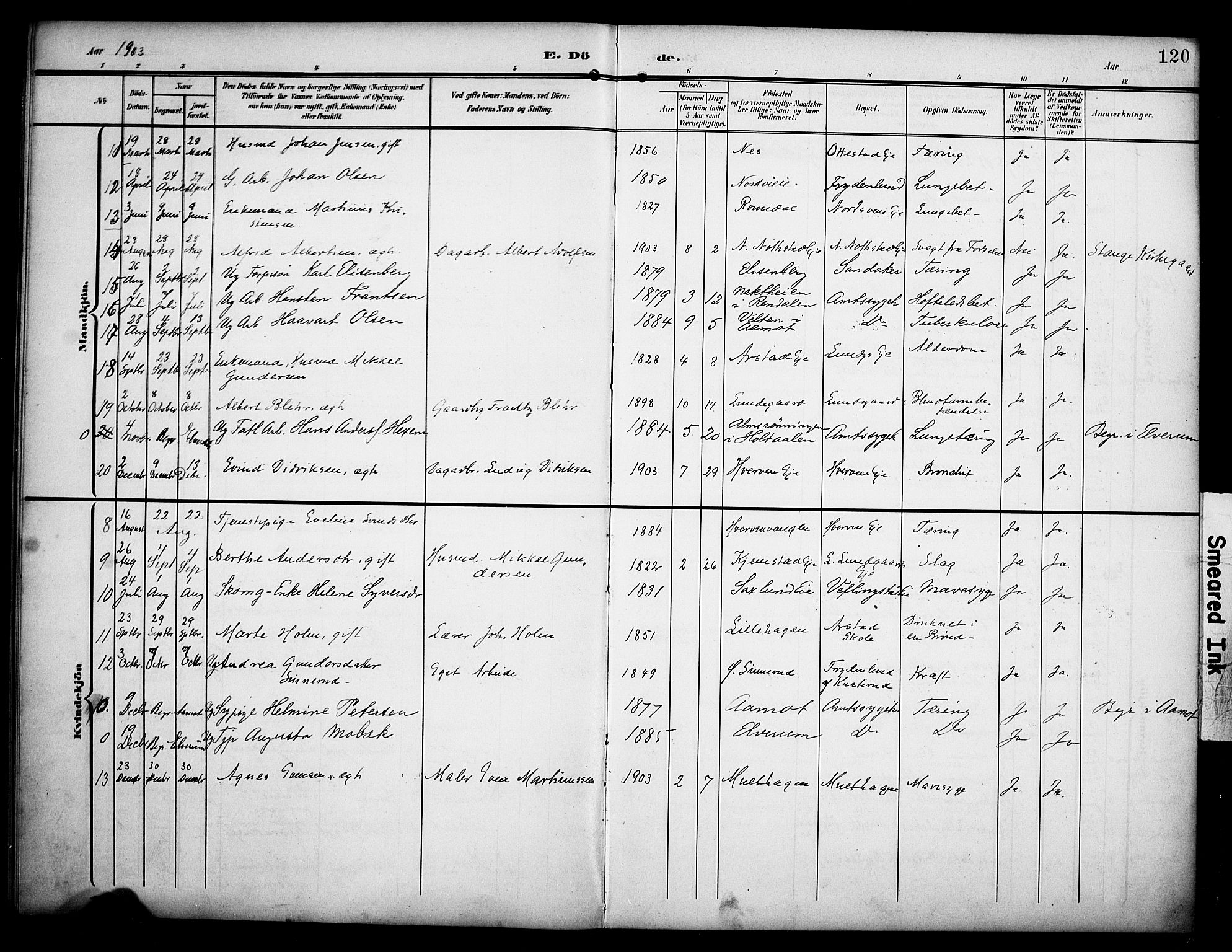 Stange prestekontor, AV/SAH-PREST-002/K/L0022: Parish register (official) no. 22, 1903-1914, p. 120