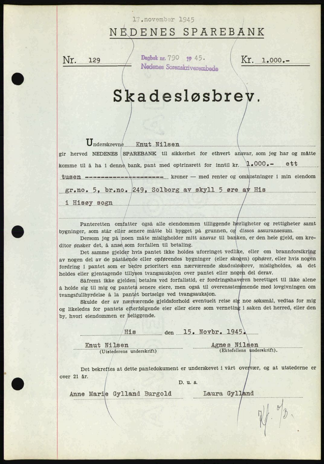 Nedenes sorenskriveri, AV/SAK-1221-0006/G/Gb/Gbb/L0003: Mortgage book no. B3a, 1945-1945, Diary no: : 790/1945