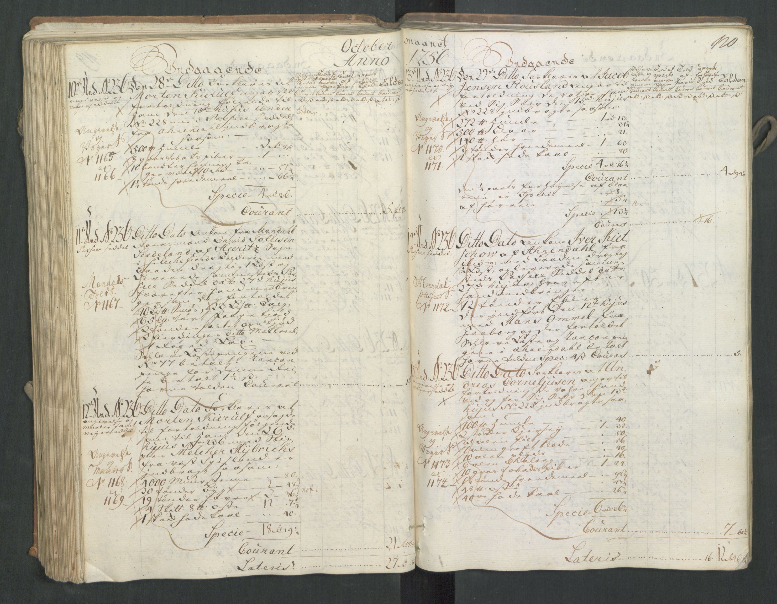Generaltollkammeret, tollregnskaper, AV/RA-EA-5490/R16/L0033/0001: Tollregnskaper Kristiansand / Inngående hovedtollbok, 1756, p. 119b-120a