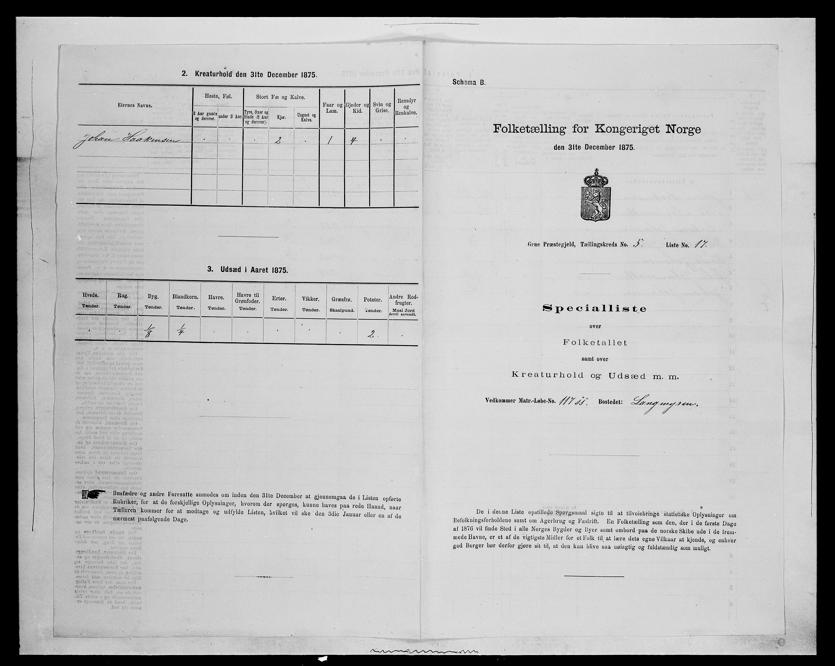 SAH, 1875 census for 0423P Grue, 1875, p. 938