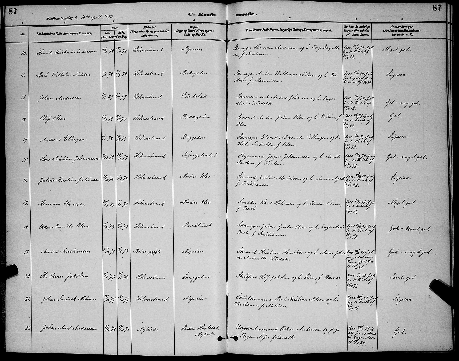 Holmestrand kirkebøker, SAKO/A-346/G/Ga/L0005: Parish register (copy) no. 5, 1889-1901, p. 87