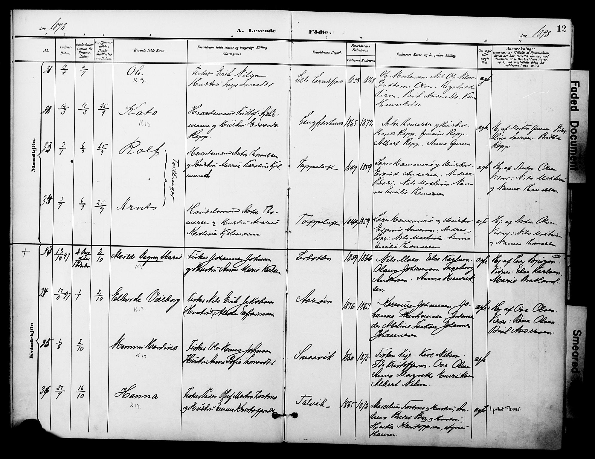 Talvik sokneprestkontor, AV/SATØ-S-1337/H/Ha/L0014kirke: Parish register (official) no. 14, 1897-1905, p. 12