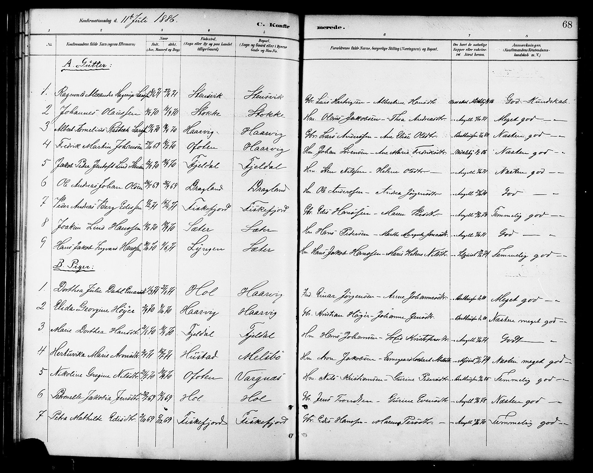Ministerialprotokoller, klokkerbøker og fødselsregistre - Nordland, SAT/A-1459/865/L0924: Parish register (official) no. 865A02, 1885-1896, p. 68