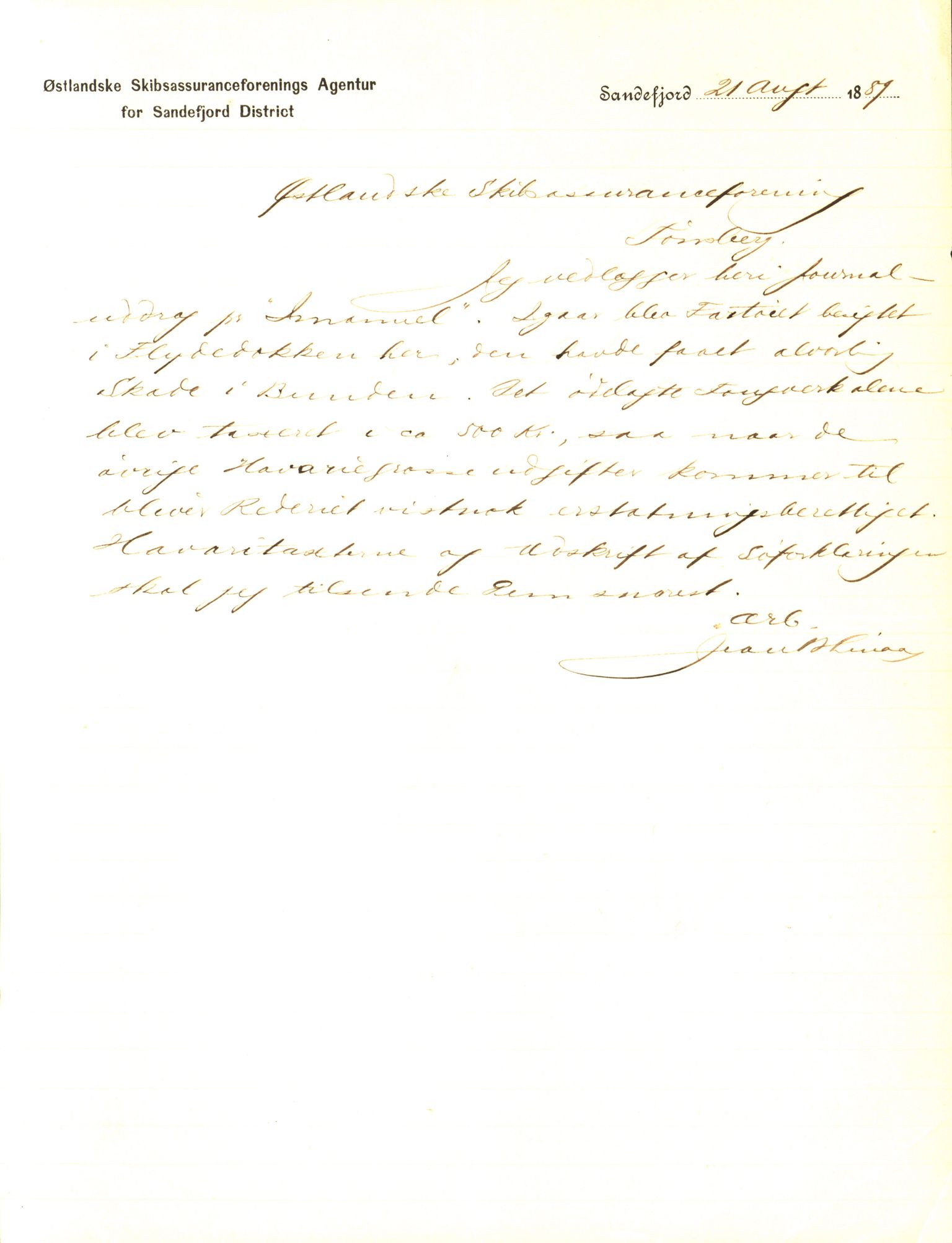 Pa 63 - Østlandske skibsassuranceforening, VEMU/A-1079/G/Ga/L0023/0009: Havaridokumenter / Emil, Black, Hawk, Columbus, Dagny, Askur, Imanuel, 1889, p. 51