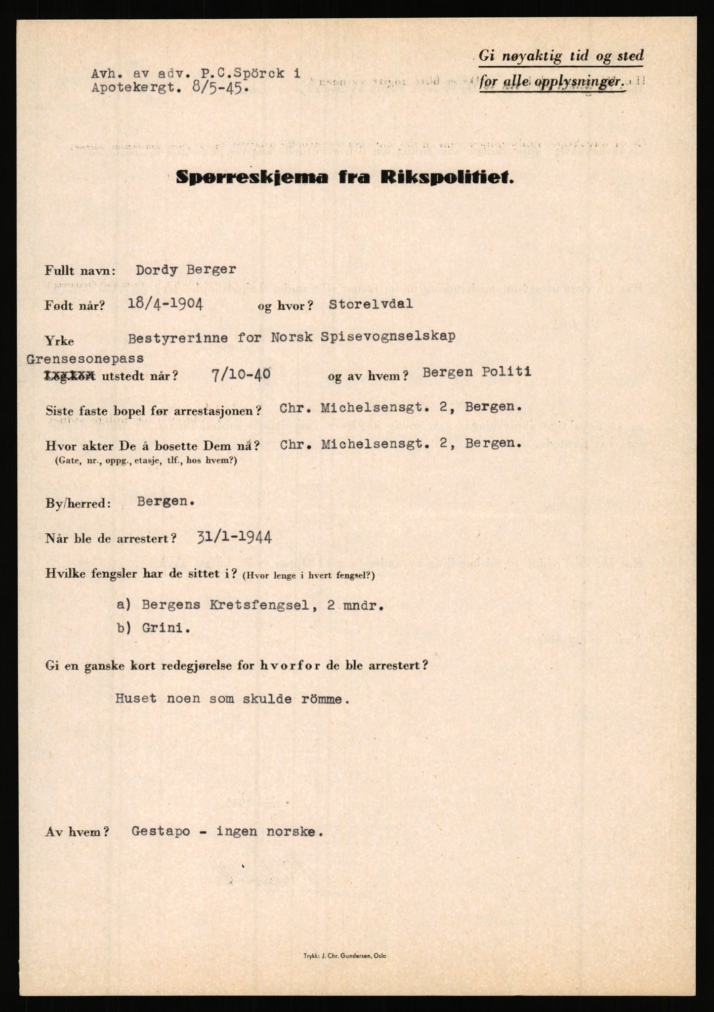 Rikspolitisjefen, AV/RA-S-1560/L/L0002: Berg, Alf - Bråthen, Thorleif, 1940-1945, p. 185