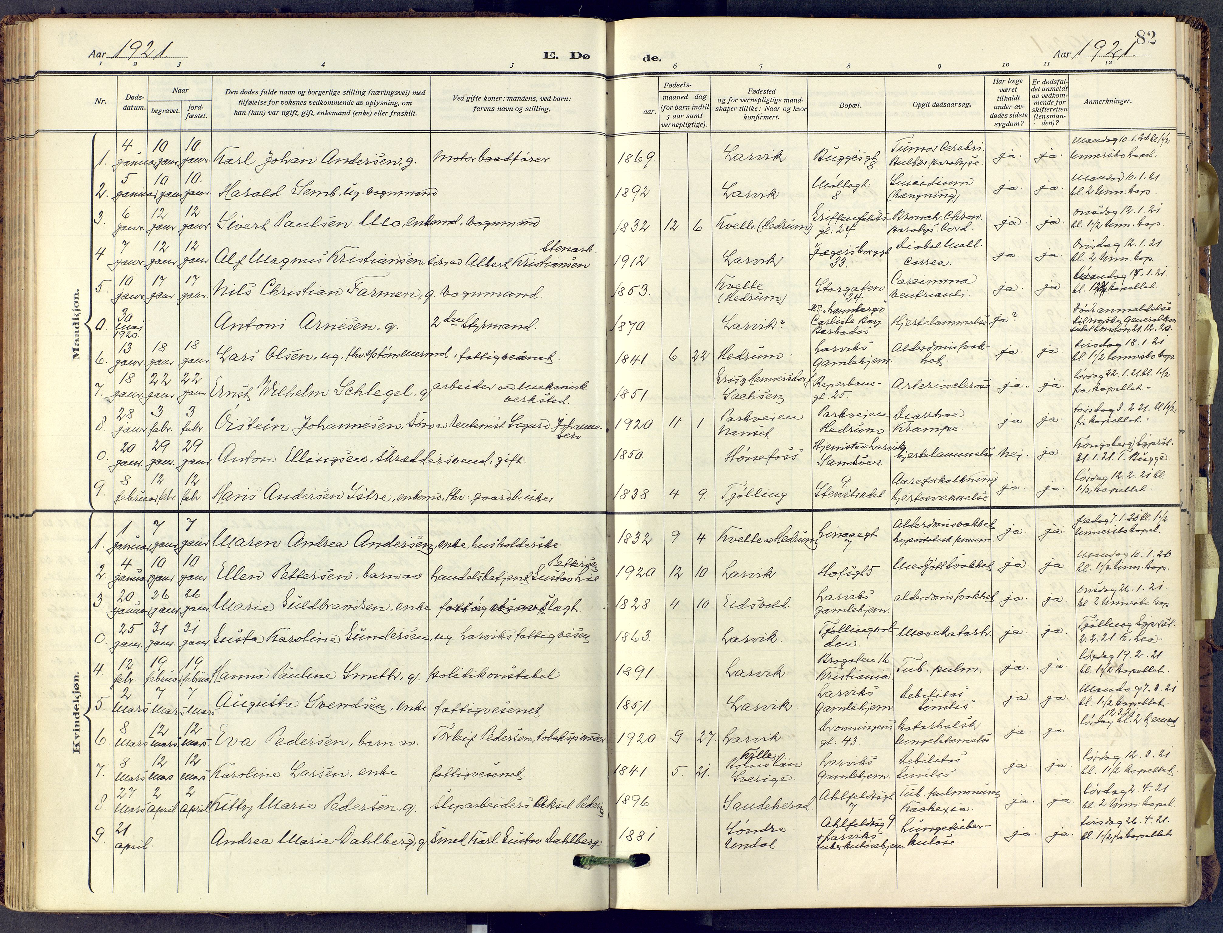 Larvik kirkebøker, AV/SAKO-A-352/F/Fa/L0013: Parish register (official) no. I 13, 1910-1960, p. 82