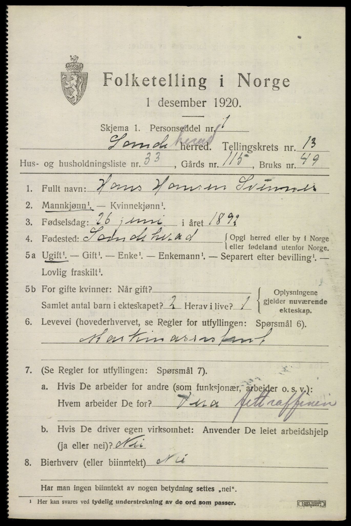 SAKO, 1920 census for Sandeherred, 1920, p. 19684