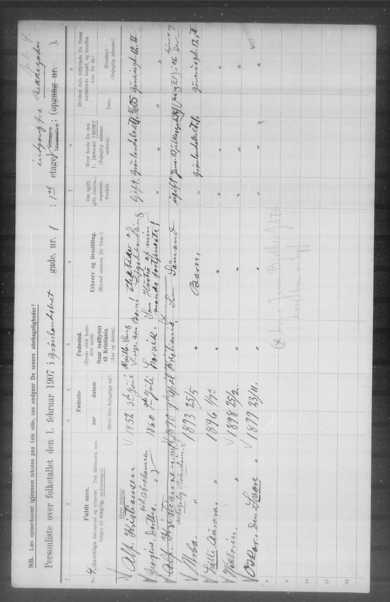 OBA, Municipal Census 1907 for Kristiania, 1907, p. 16052