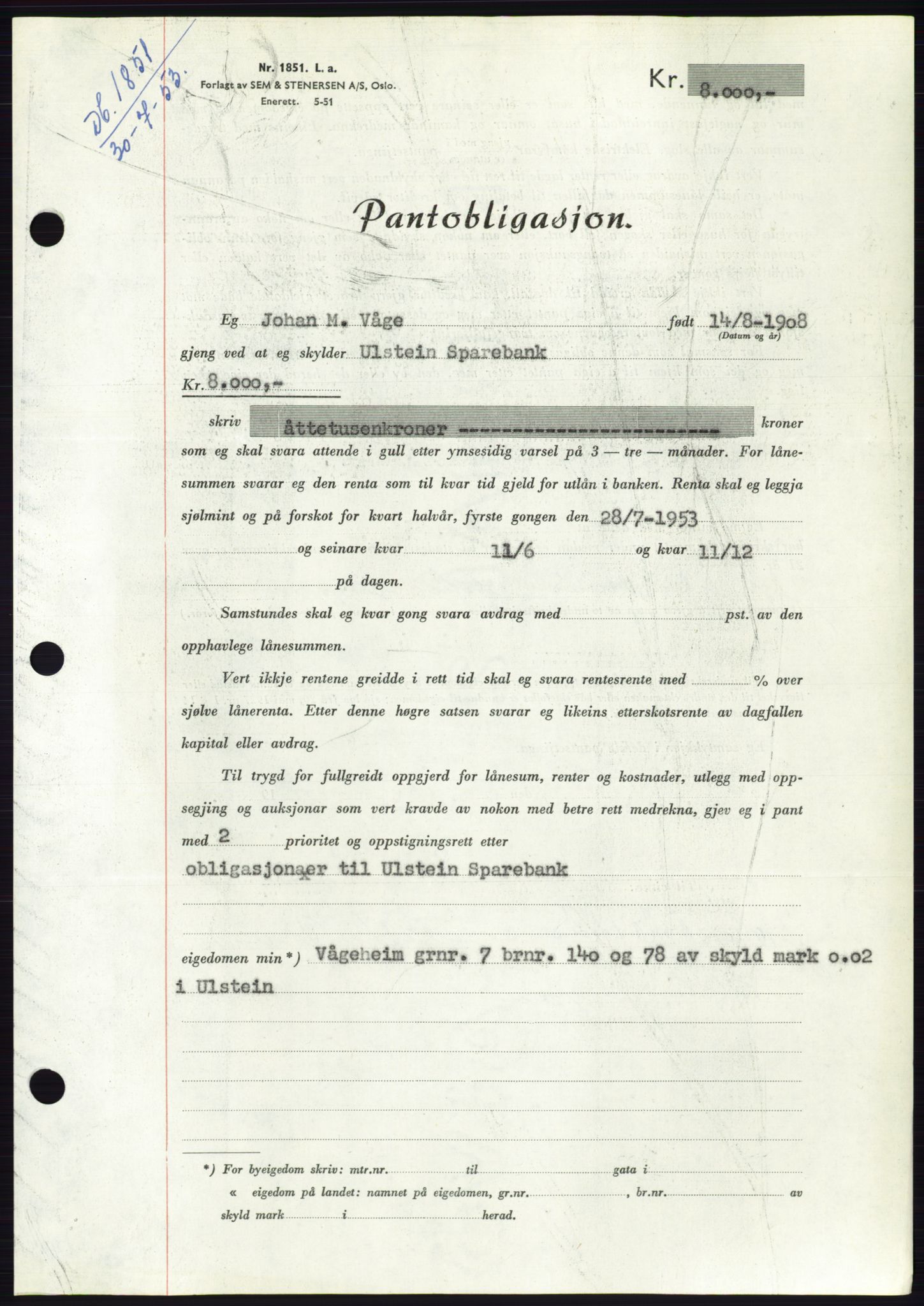 Søre Sunnmøre sorenskriveri, AV/SAT-A-4122/1/2/2C/L0123: Mortgage book no. 11B, 1953-1953, Diary no: : 1851/1953