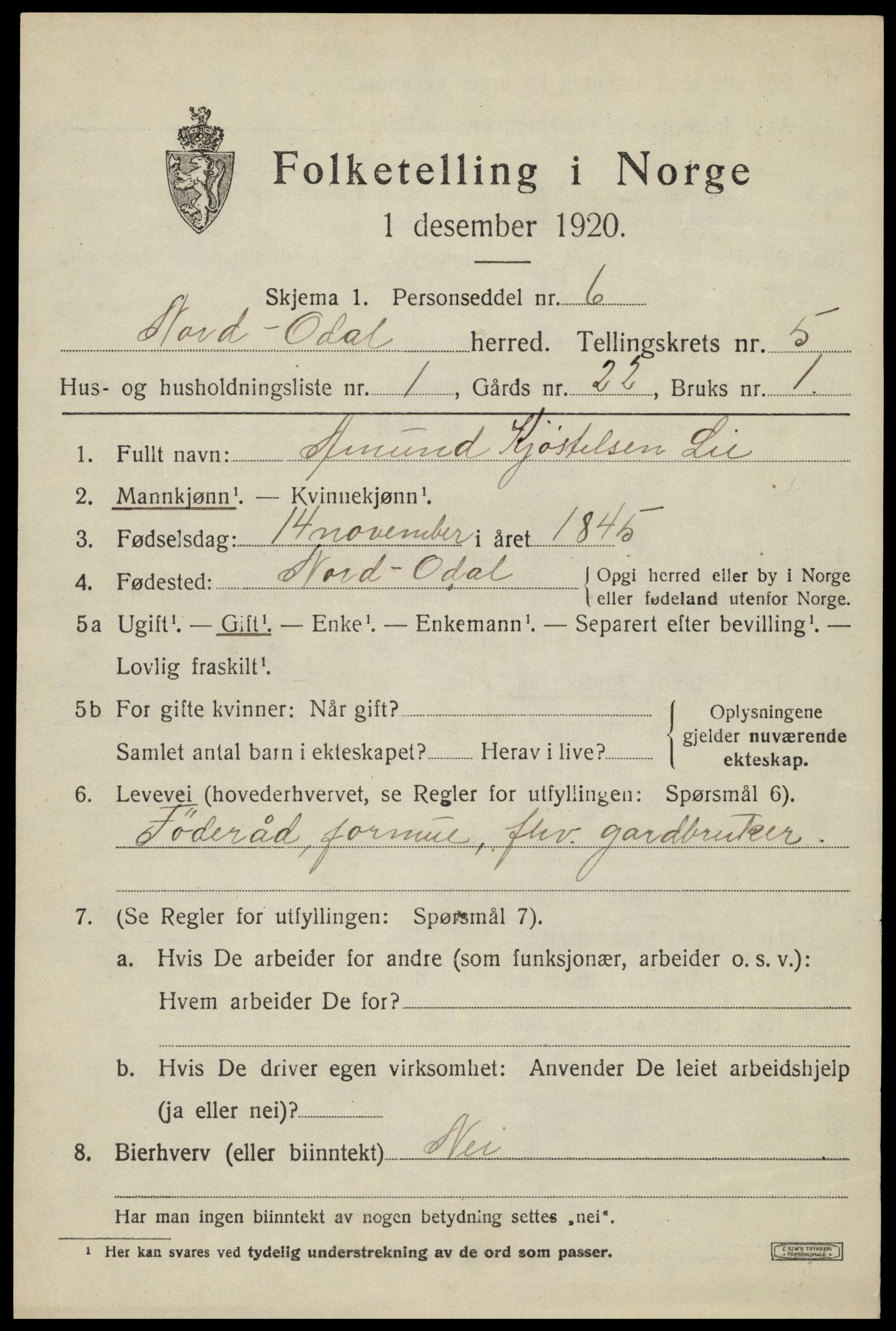 SAH, 1920 census for Nord-Odal, 1920, p. 5043