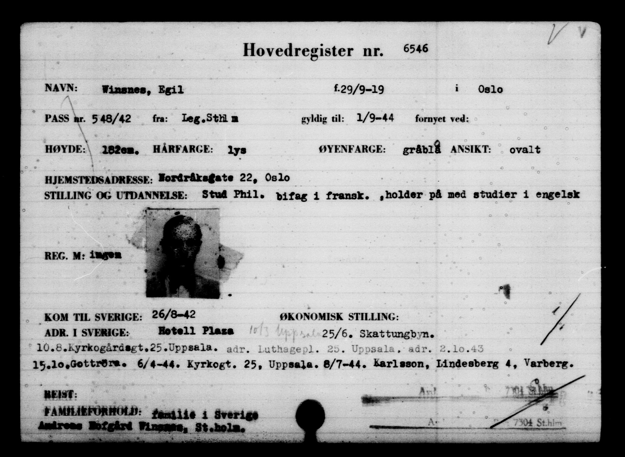 Utenriksstasjonene, Legasjonen i Stockholm, Flyktningkontoret, AV/RA-S-6753/V/Va/L0004: Kjesäterkartoteket, flyktninger med registreringsnr. 3496-6610, 1940-1945, p. 3607