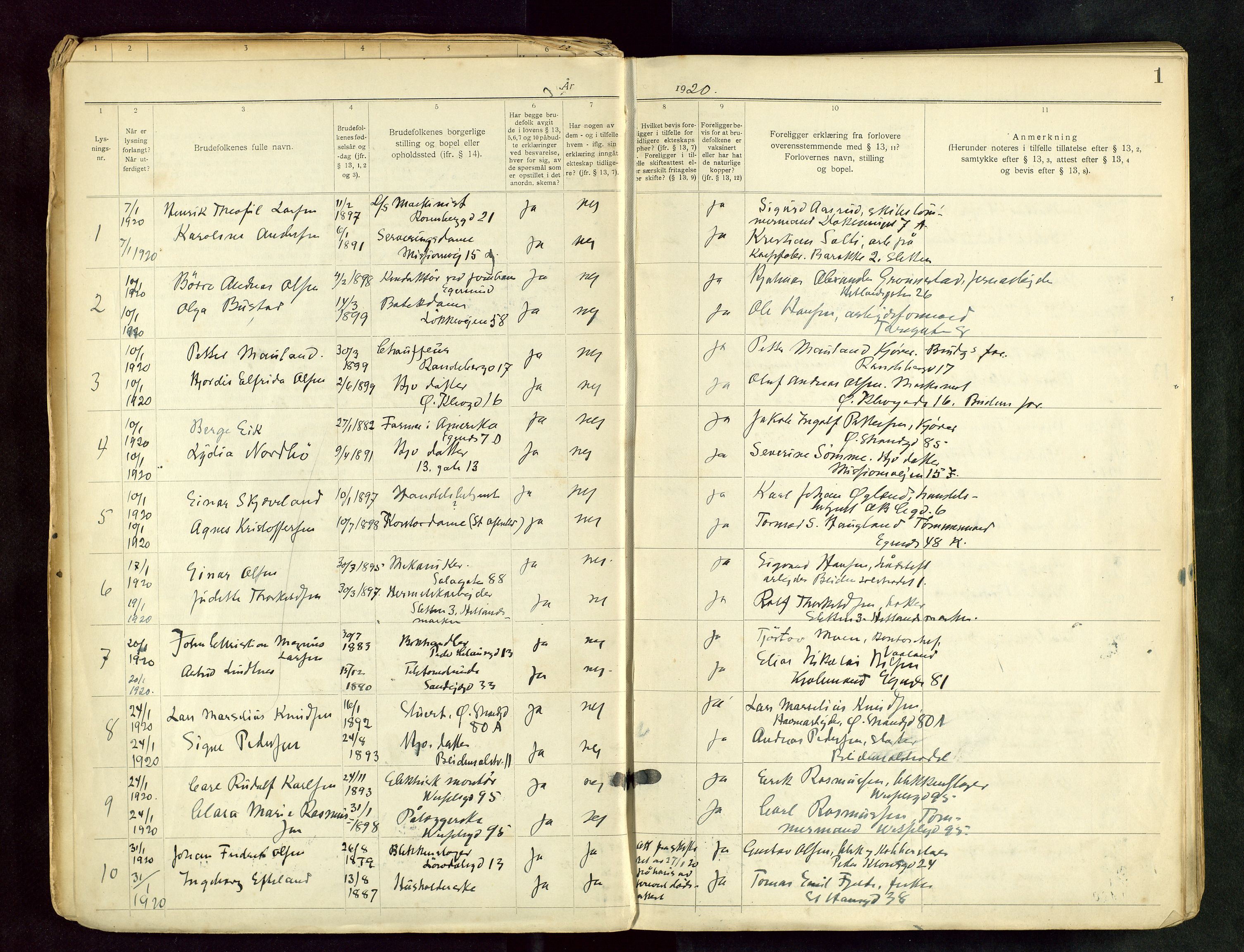 Domkirken sokneprestkontor, AV/SAST-A-101812/001/70/705BB/L0001: Banns register no. 1, 1920-1930, p. 1