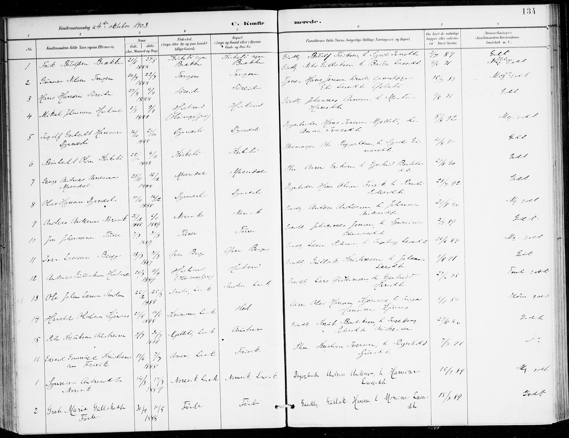 Lavik sokneprestembete, AV/SAB-A-80901: Parish register (official) no. C 1, 1882-1904, p. 134