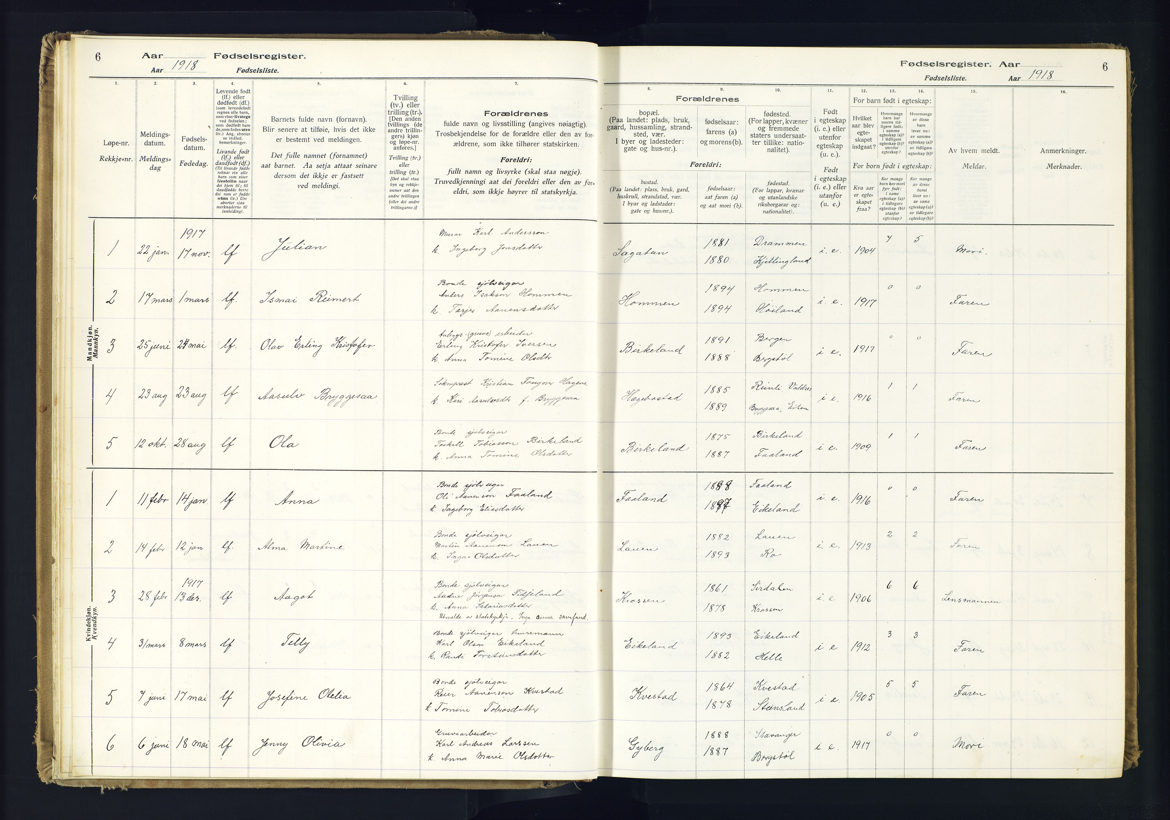 Hægebostad sokneprestkontor, AV/SAK-1111-0024/J/Ja/L0001: Birth register no. II.6.7, 1916-1982, p. 6