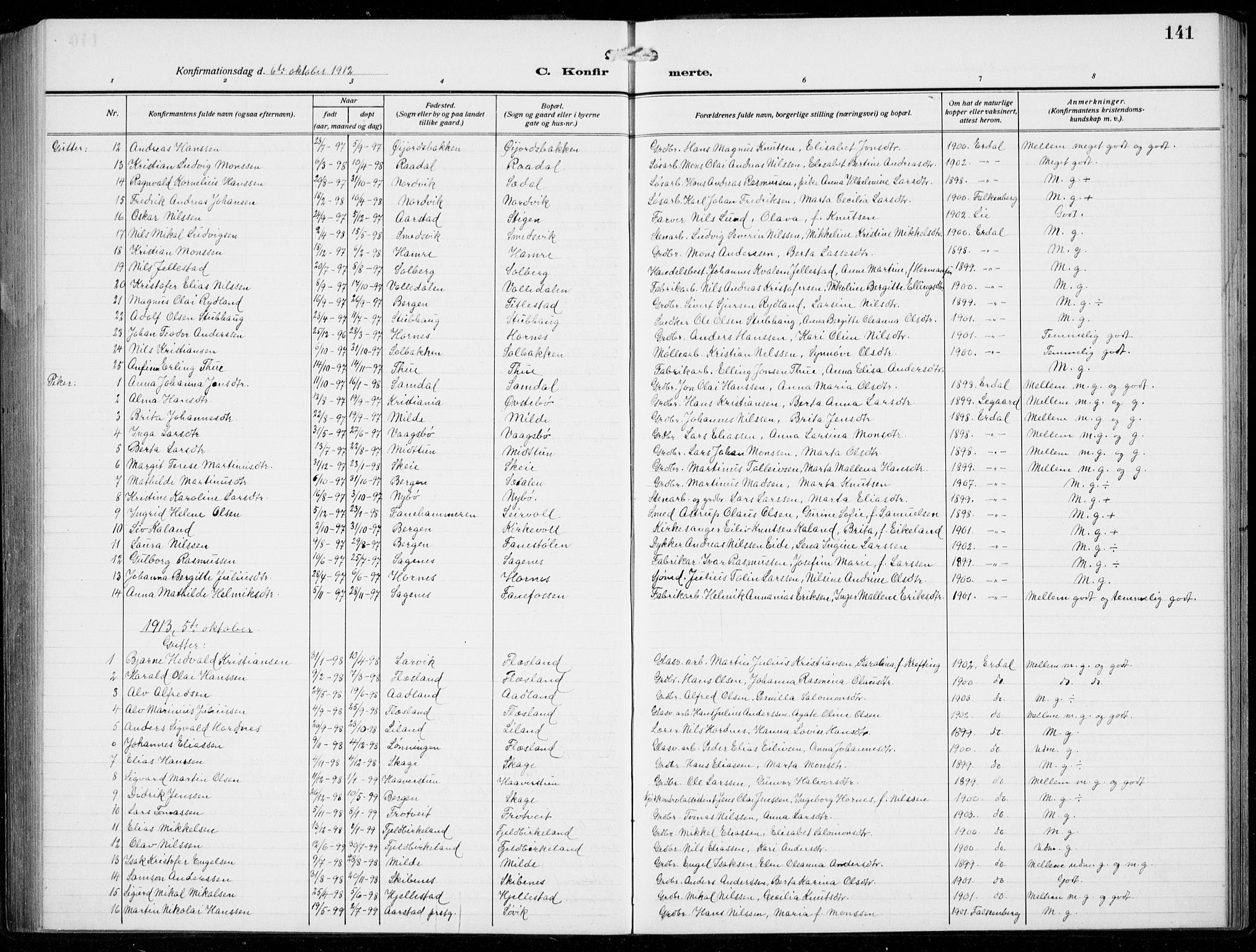 Fana Sokneprestembete, SAB/A-75101/H/Hab/Haba/L0005: Parish register (copy) no. A 5, 1911-1932, p. 141
