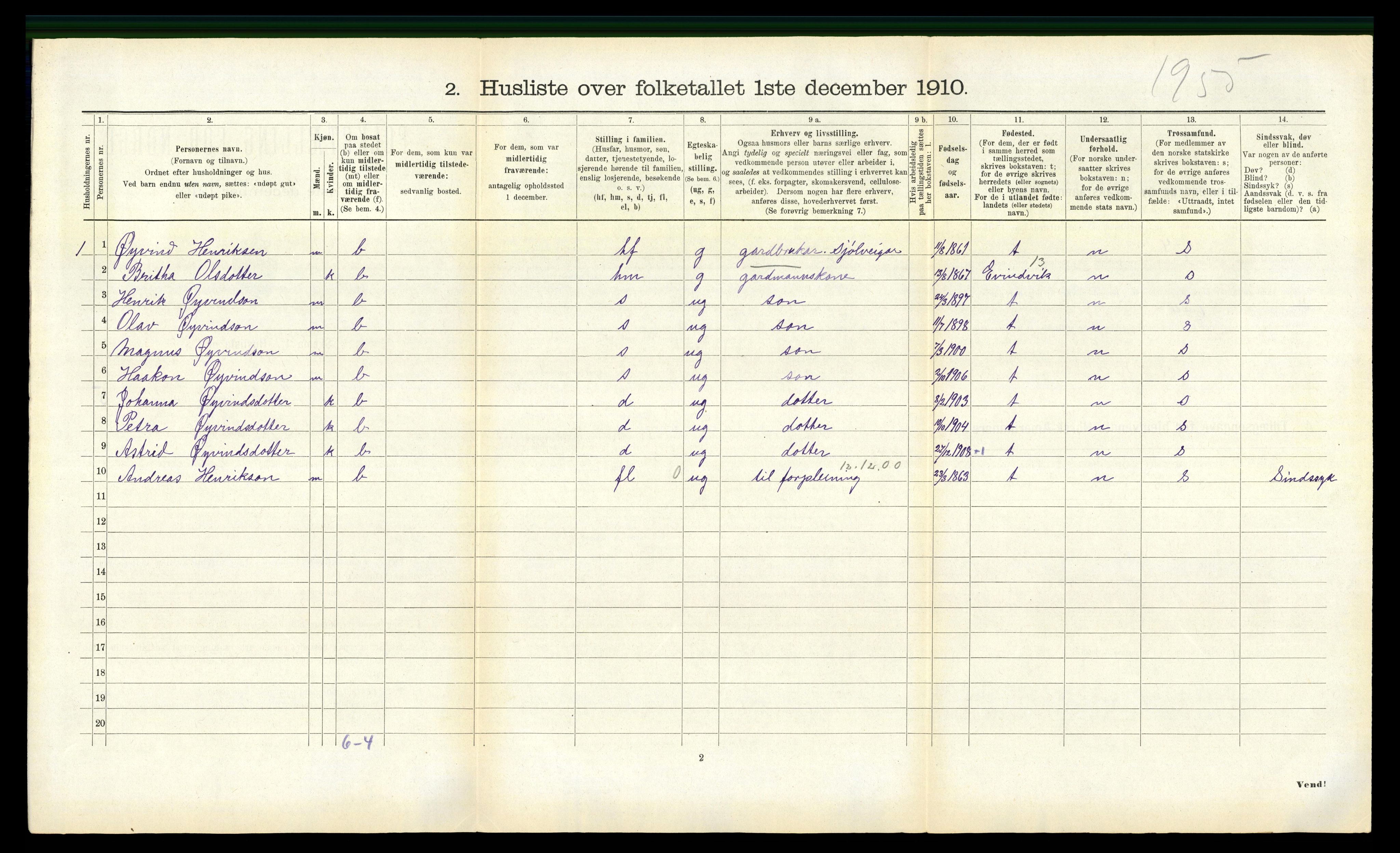 RA, 1910 census for Lavik, 1910, p. 210