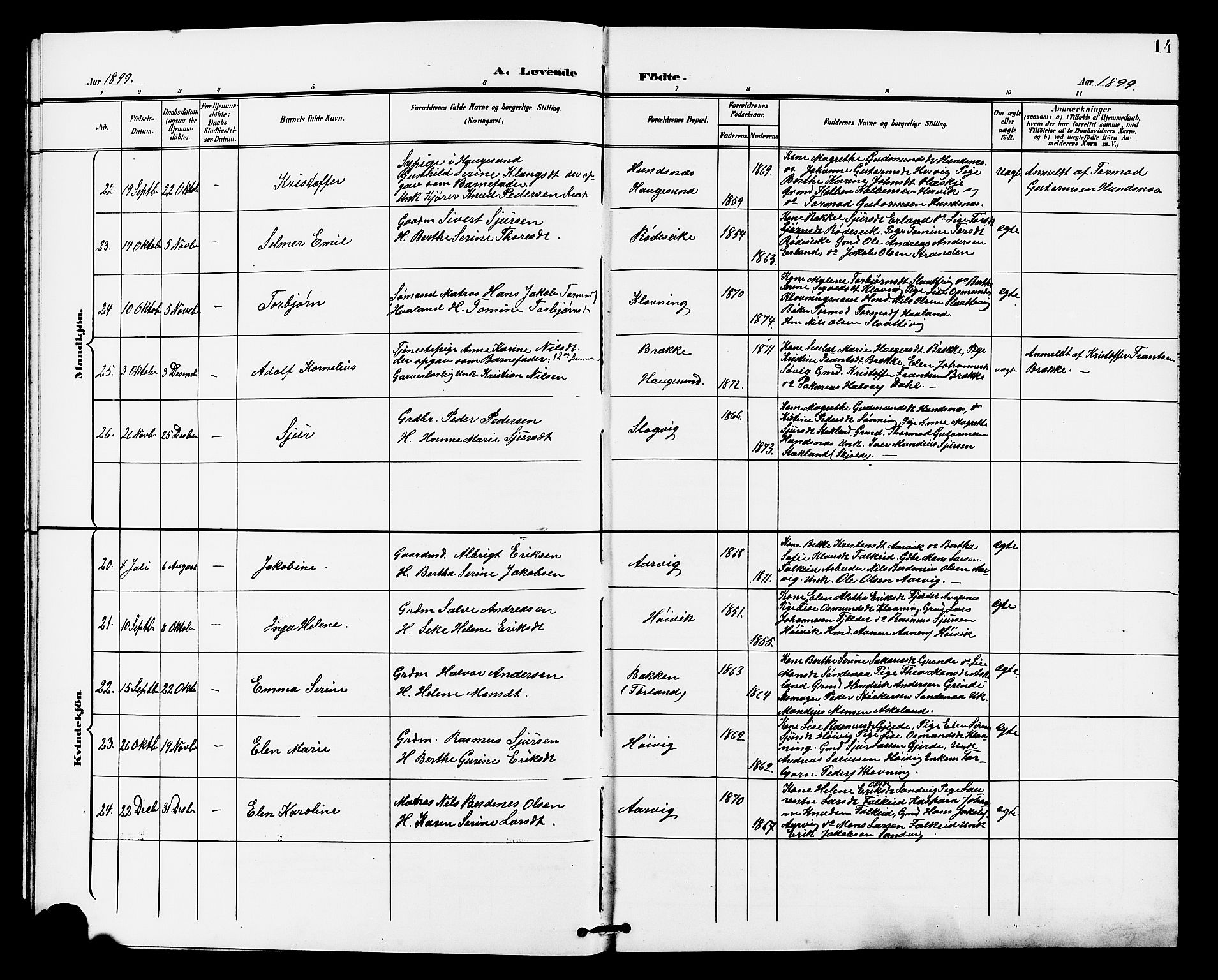 Tysvær sokneprestkontor, SAST/A -101864/H/Ha/Haa/L0008: Parish register (official) no. A 8, 1897-1912, p. 14