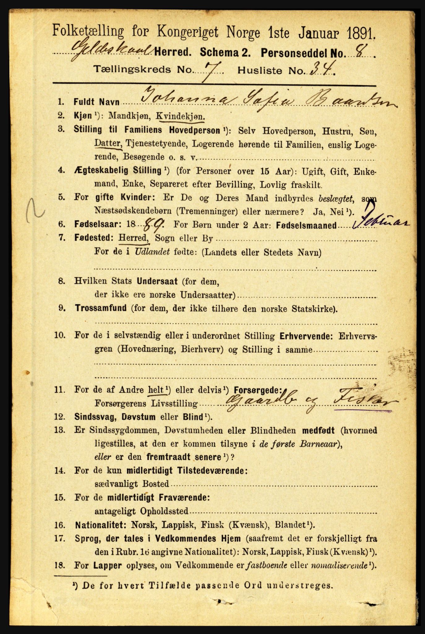 RA, 1891 census for 1838 Gildeskål, 1891, p. 2421