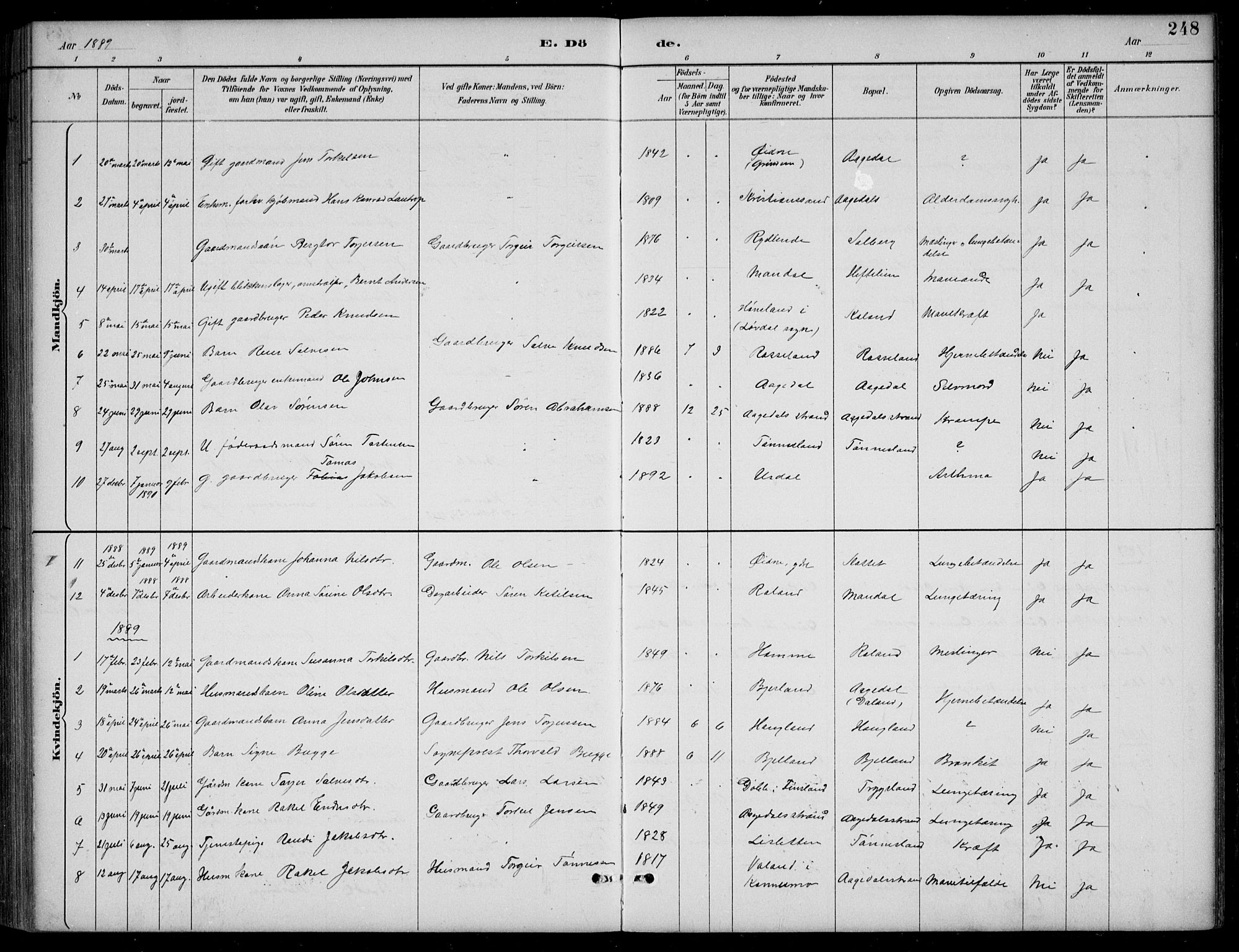 Bjelland sokneprestkontor, SAK/1111-0005/F/Fb/Fba/L0005: Parish register (copy) no. B 5, 1887-1923, p. 248