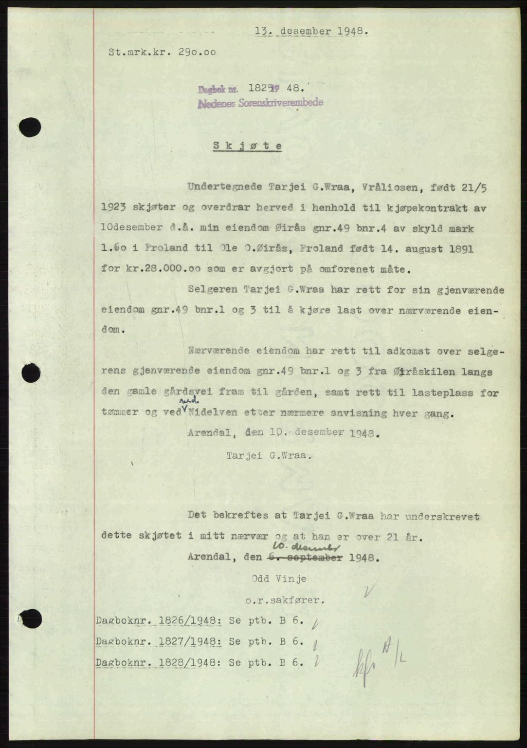 Nedenes sorenskriveri, AV/SAK-1221-0006/G/Gb/Gba/L0060: Mortgage book no. A12, 1948-1949, Diary no: : 1825/1948