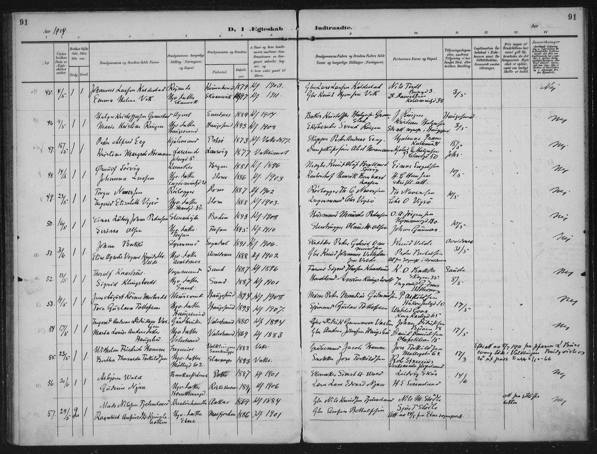 Domkirken sokneprestkontor, SAST/A-101812/002/A/L0016: Parish register (official) no. A 33, 1905-1922, p. 91