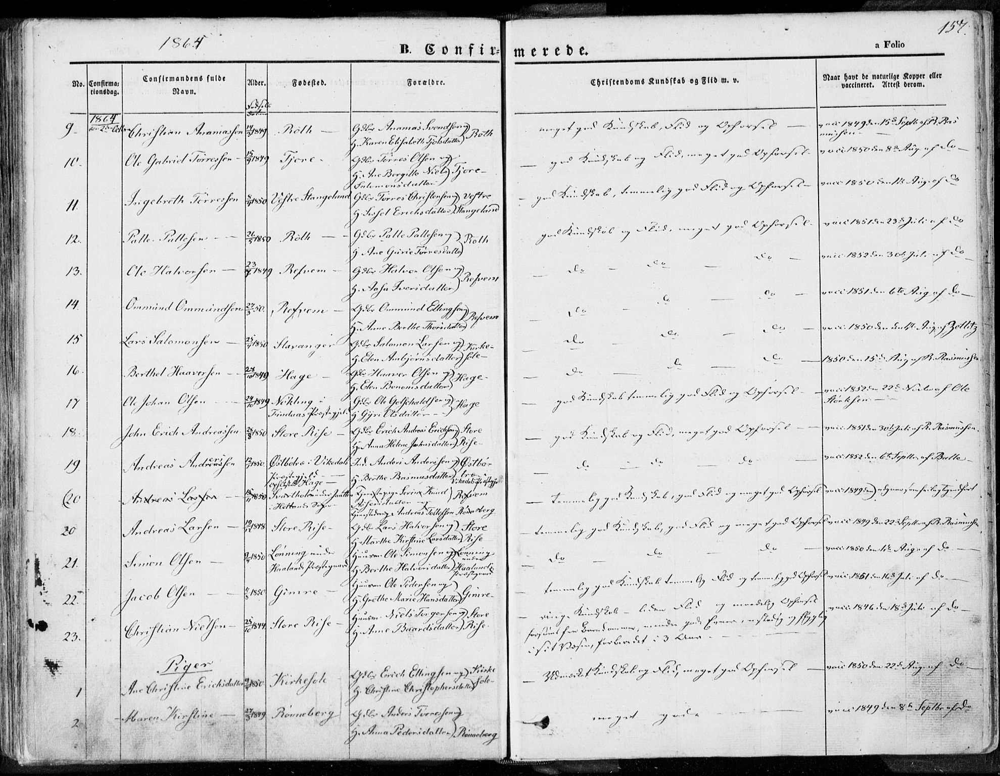 Håland sokneprestkontor, AV/SAST-A-101802/001/30BA/L0007: Parish register (official) no. A 7.1, 1854-1870, p. 157