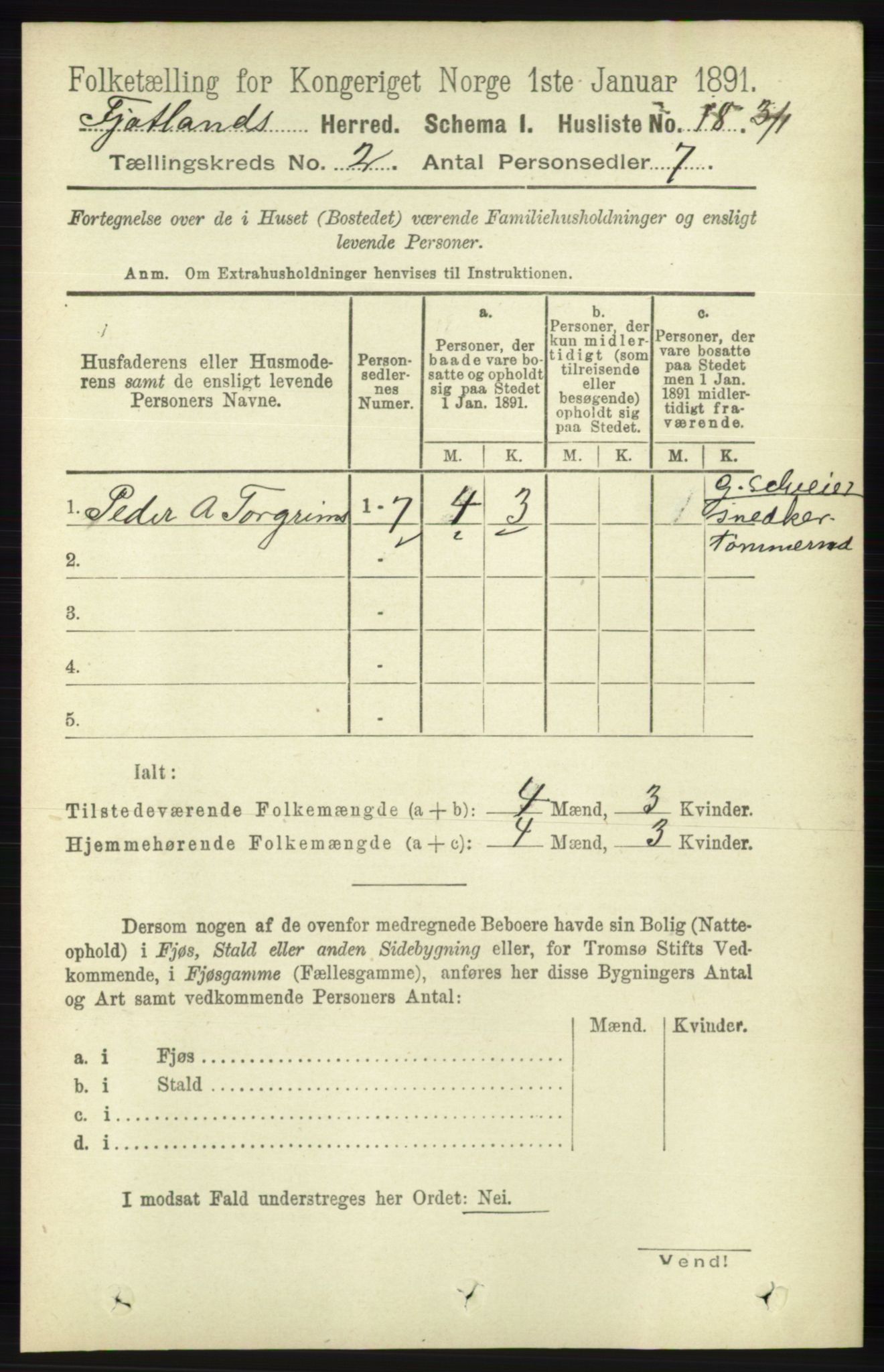 RA, 1891 census for 1036 Fjotland, 1891, p. 228