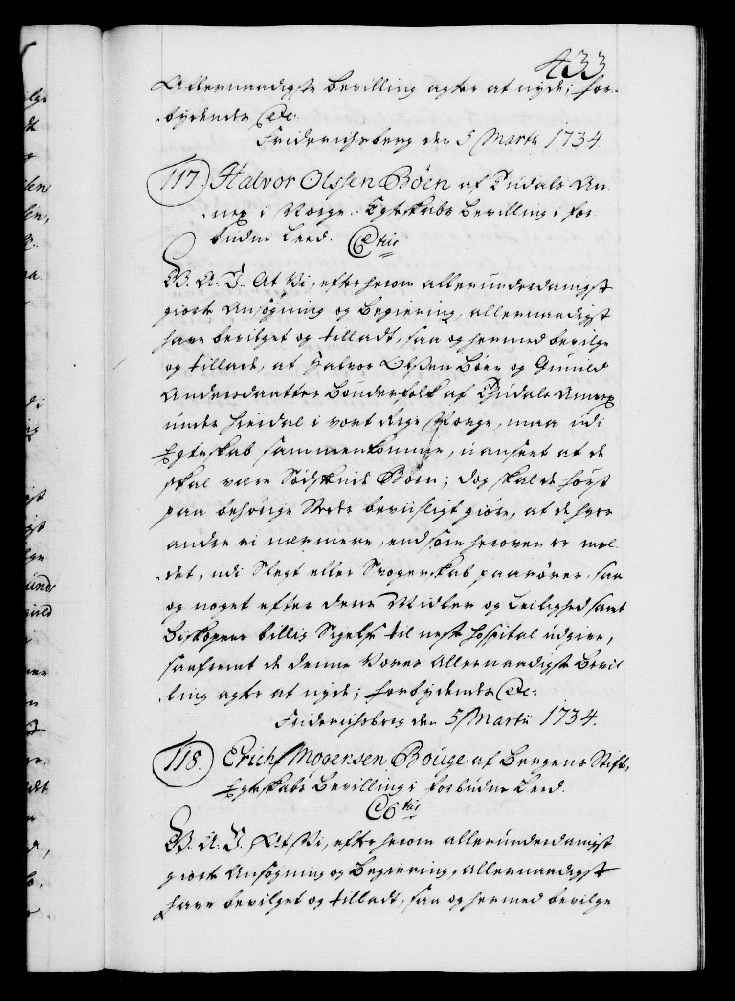 Danske Kanselli 1572-1799, AV/RA-EA-3023/F/Fc/Fca/Fcaa/L0028: Norske registre, 1733-1734, p. 433a