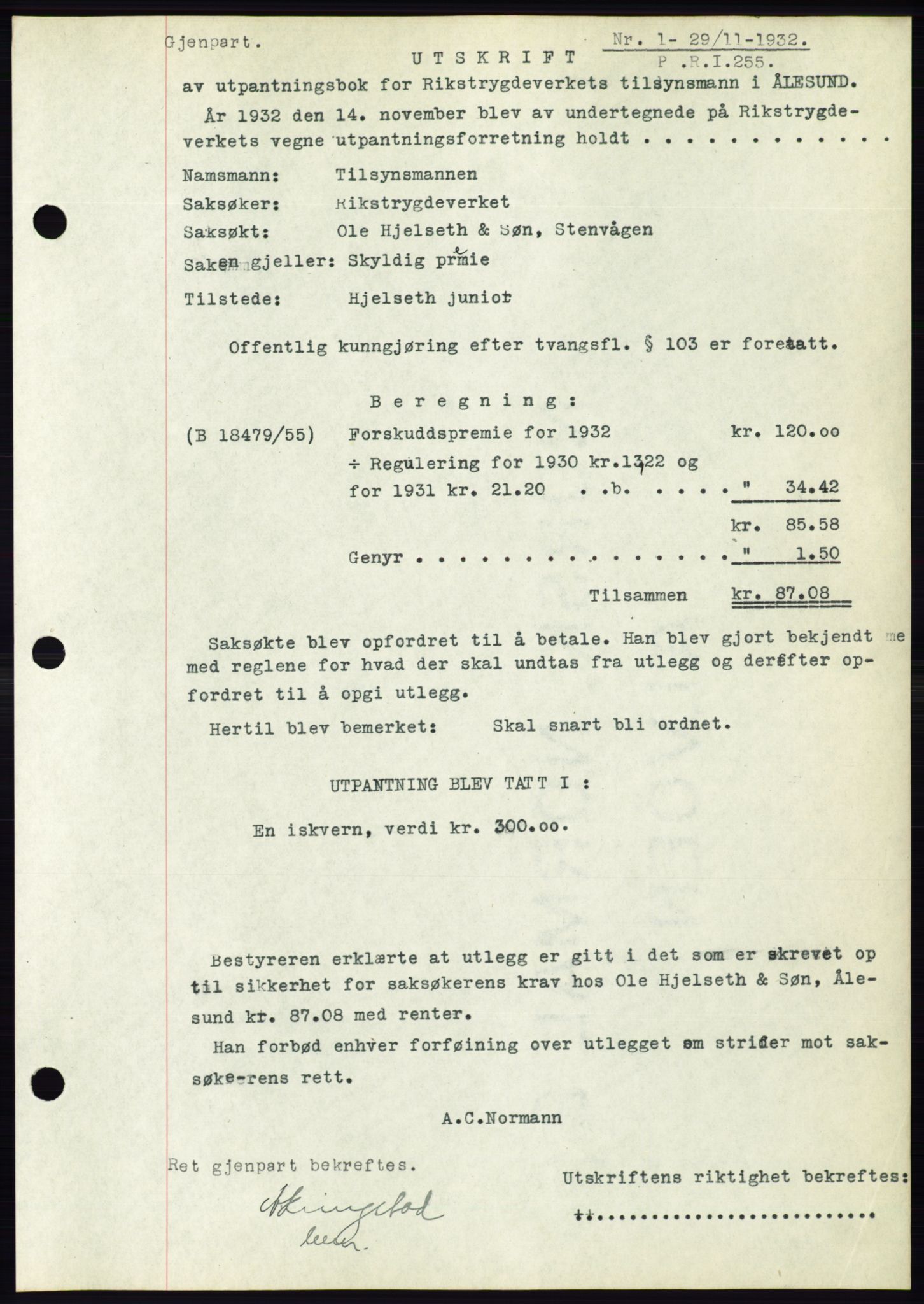 Ålesund byfogd, AV/SAT-A-4384: Mortgage book no. 30, 1932-1933, Deed date: 29.11.1932